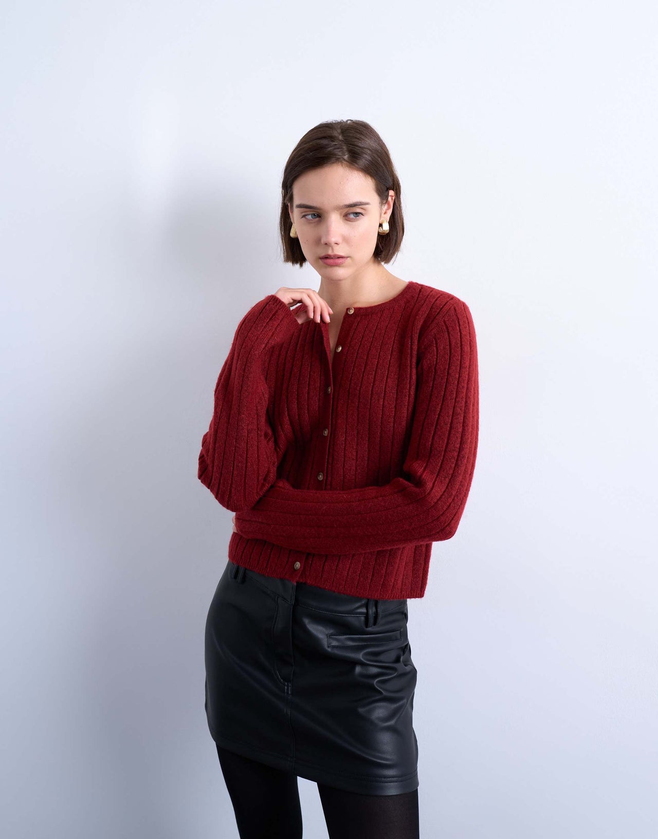 Topshop knitted ribbed button crew cardigan in red