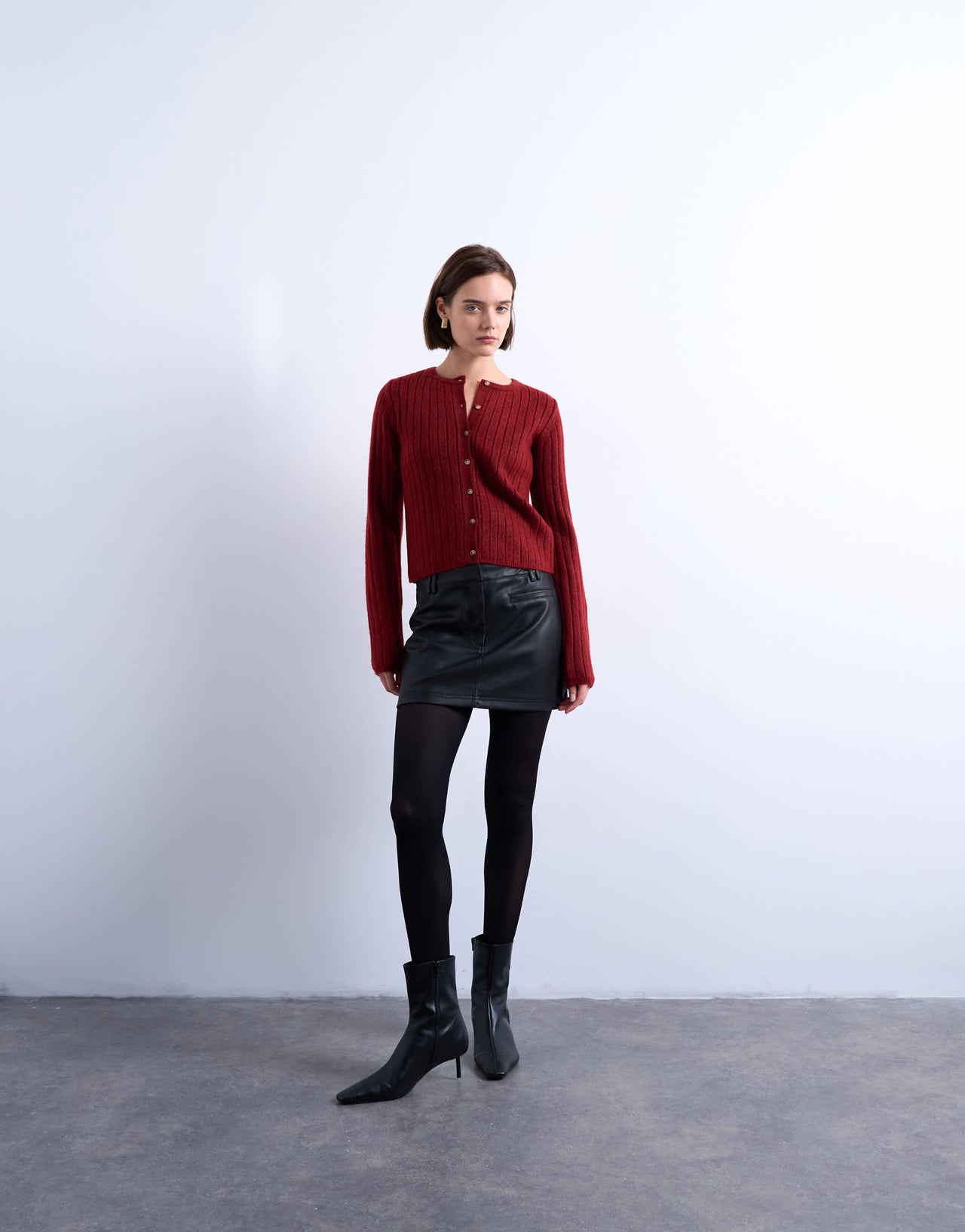 Topshop knitted ribbed button crew cardigan in red