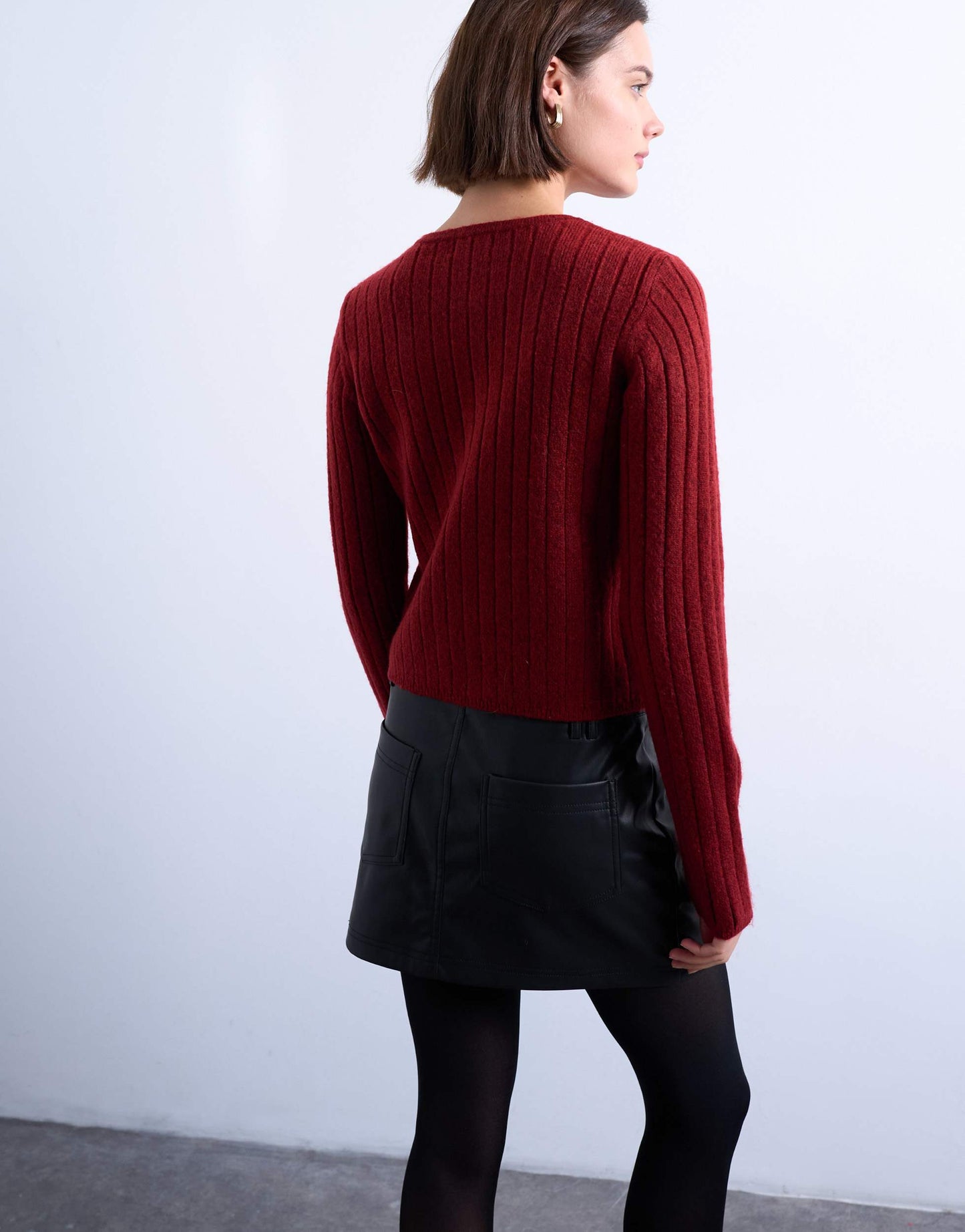 Topshop knitted ribbed button crew cardigan in red