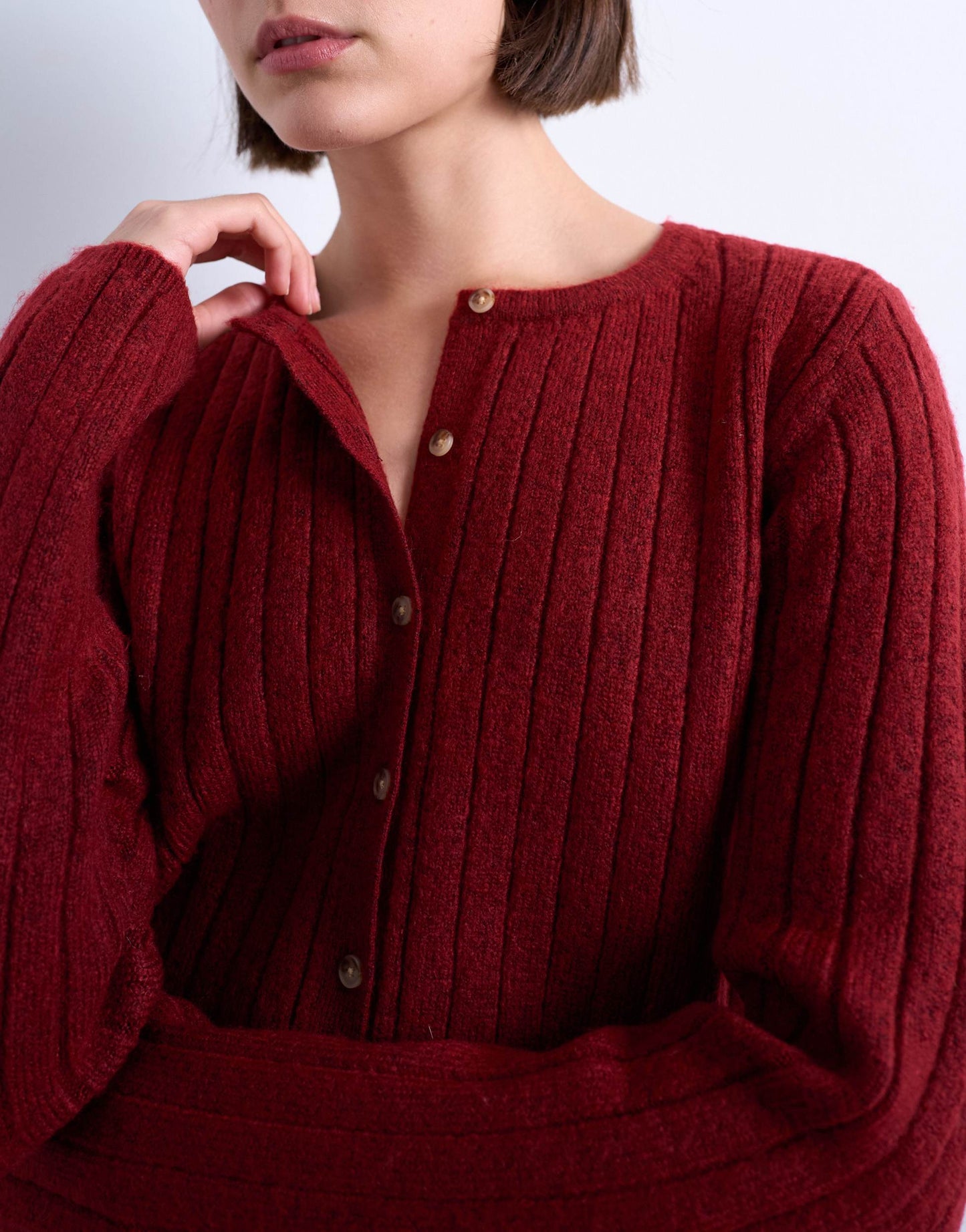 Topshop knitted ribbed button crew cardigan in red