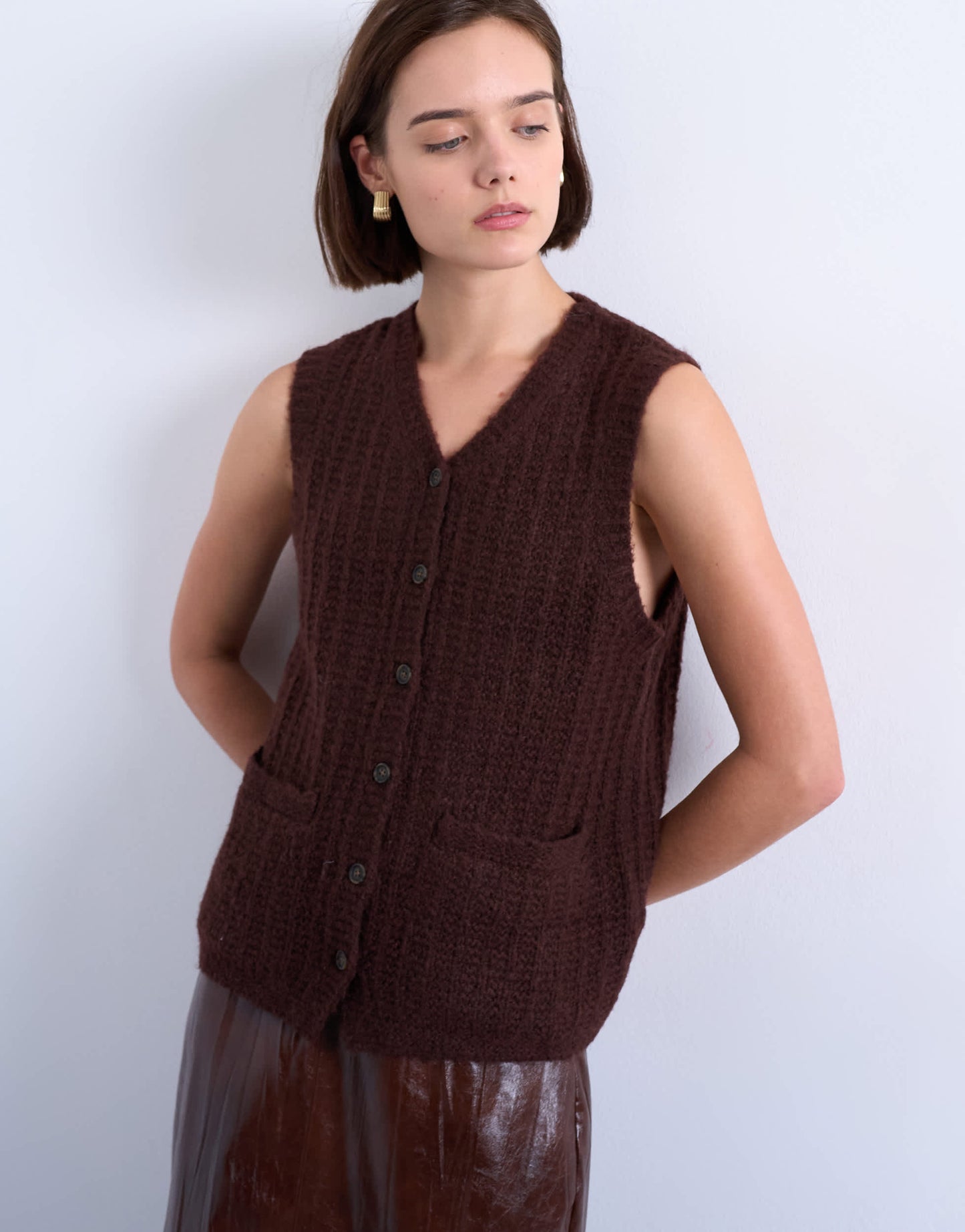 Topshop knitted stitchy pocket tank in brown
