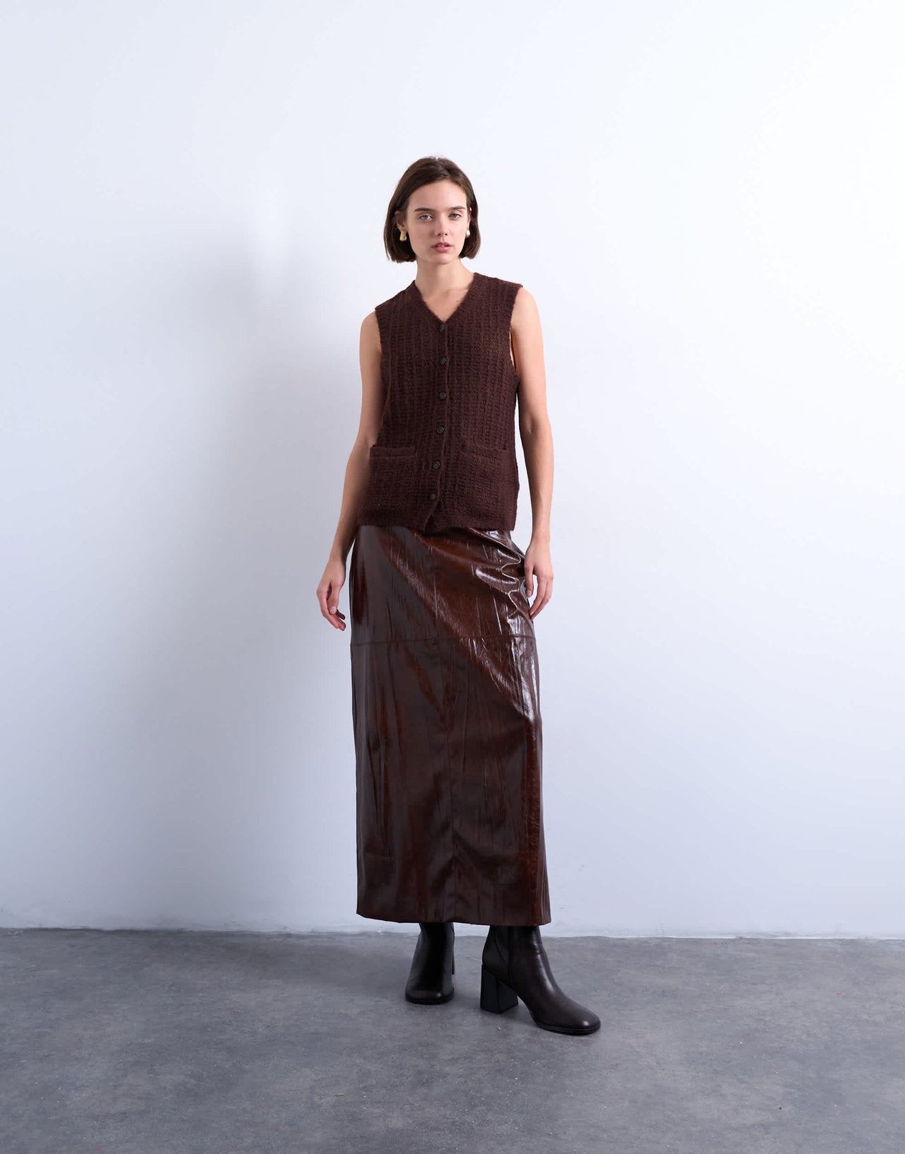 Topshop knitted stitchy pocket tank in brown