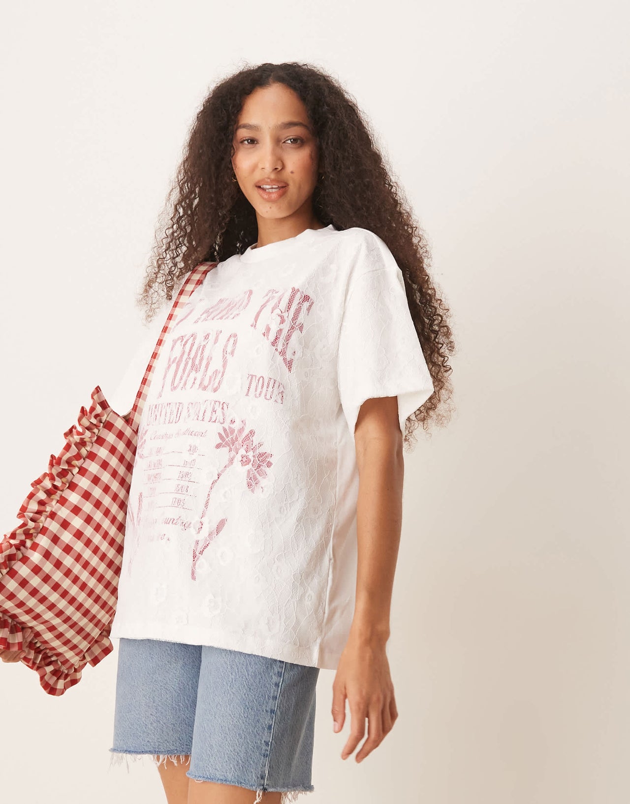 ASOS DESIGN oversized t-shirt with band graphic with lace overlay in white