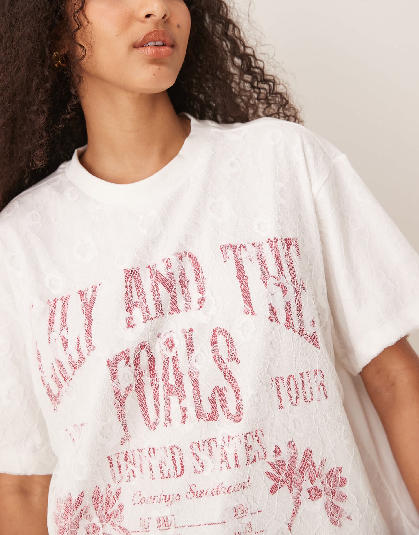 ASOS DESIGN oversized t-shirt with band graphic with lace overlay in white