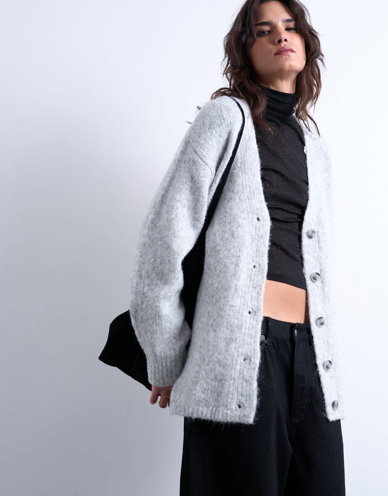 Topshop knitted longline easy cardigan in grey