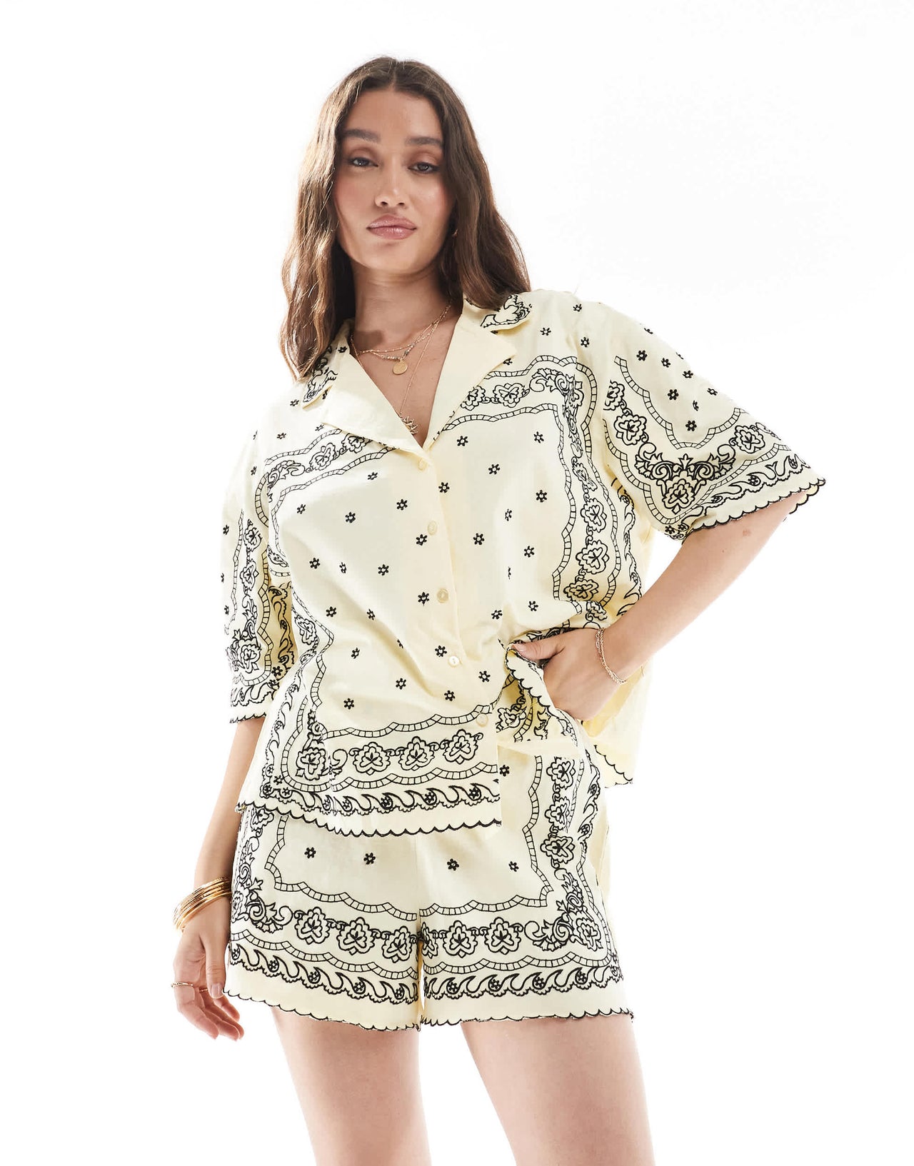 ASOS DESIGN drawcord short with bandana embroidery in yellow