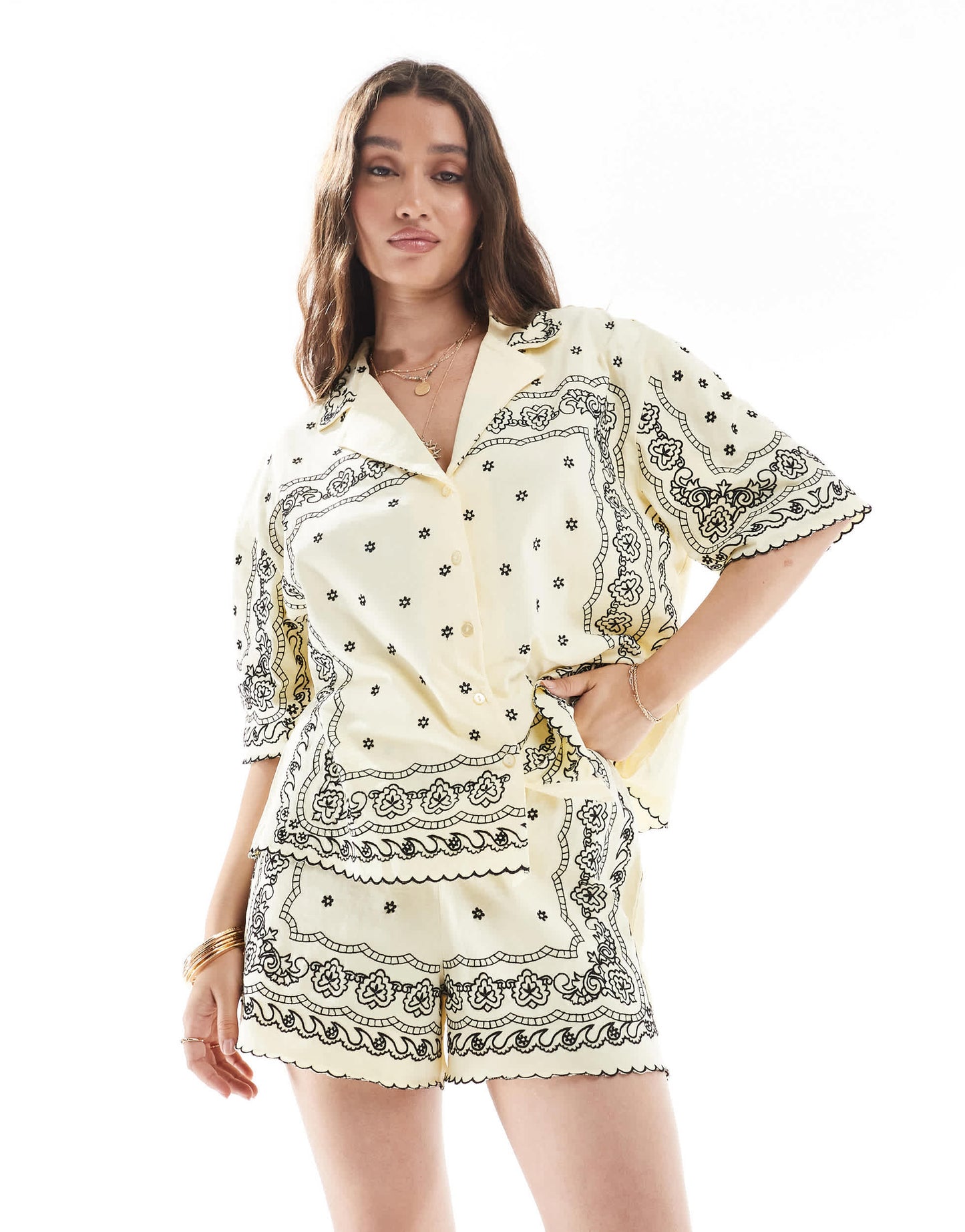 ASOS DESIGN drawcord short with bandana embroidery in yellow