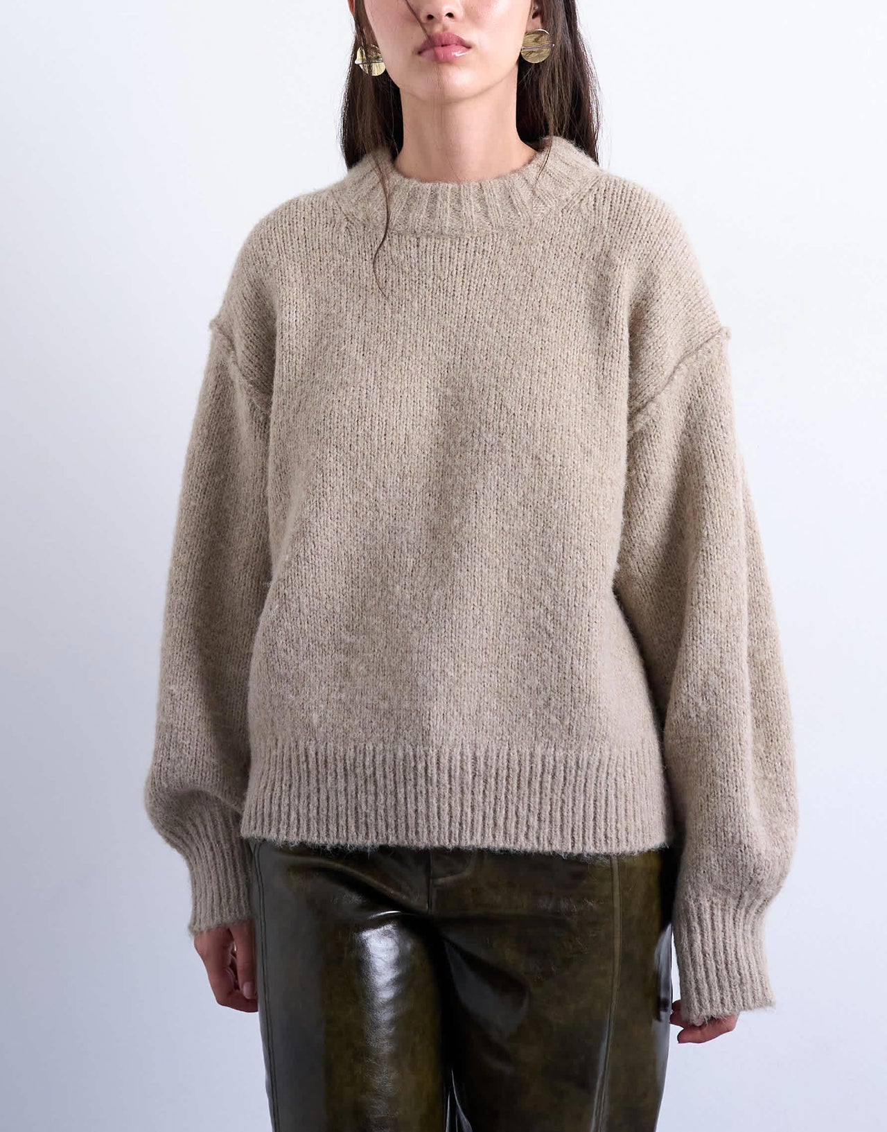 Topshop knitted wool blend fluffy exposed seam easy jumper in oat