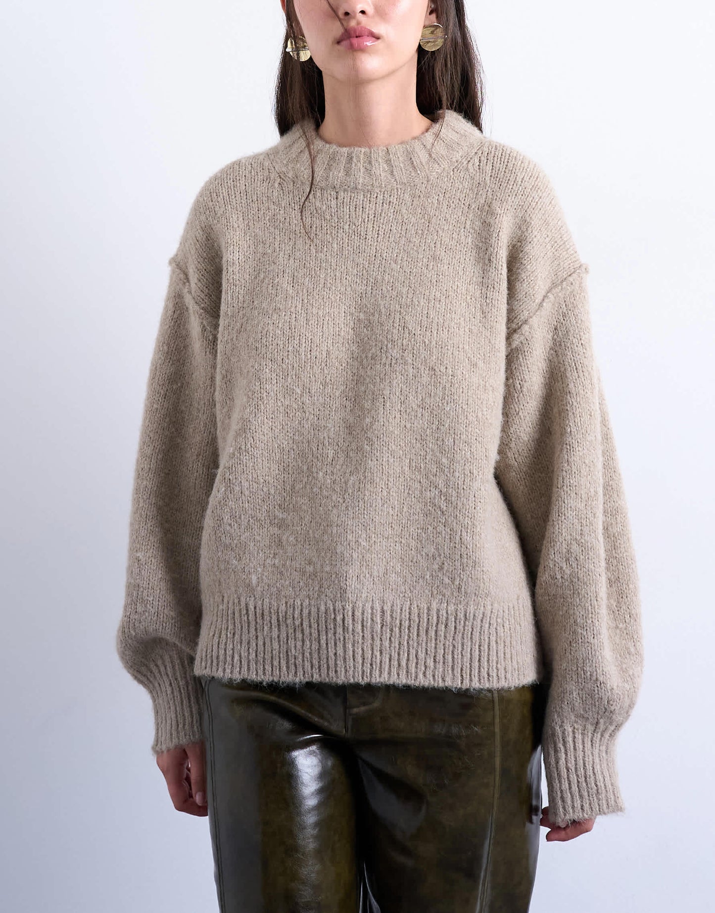 Topshop knitted wool blend fluffy exposed seam easy jumper in oat