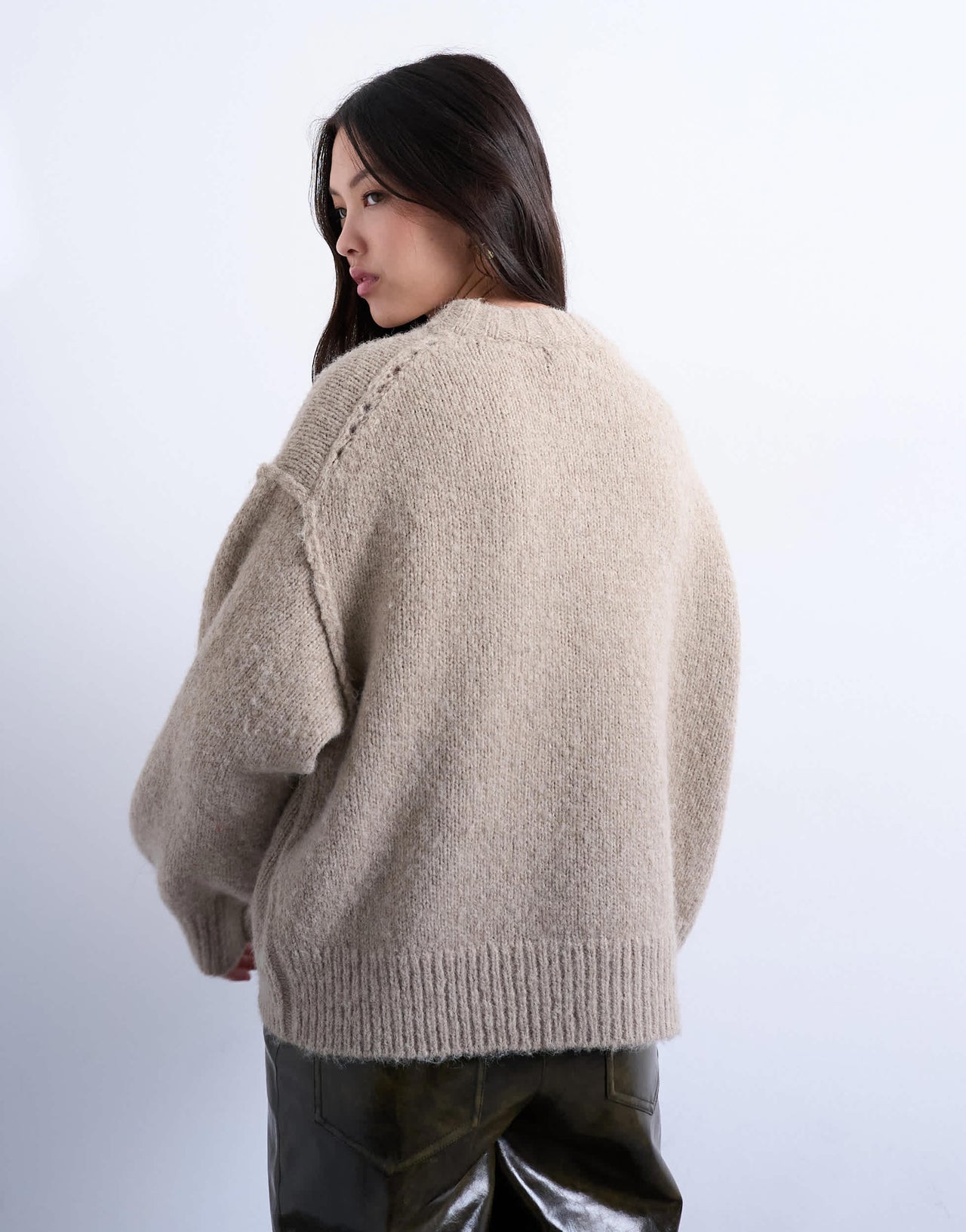 Topshop knitted wool blend fluffy exposed seam easy jumper in oat