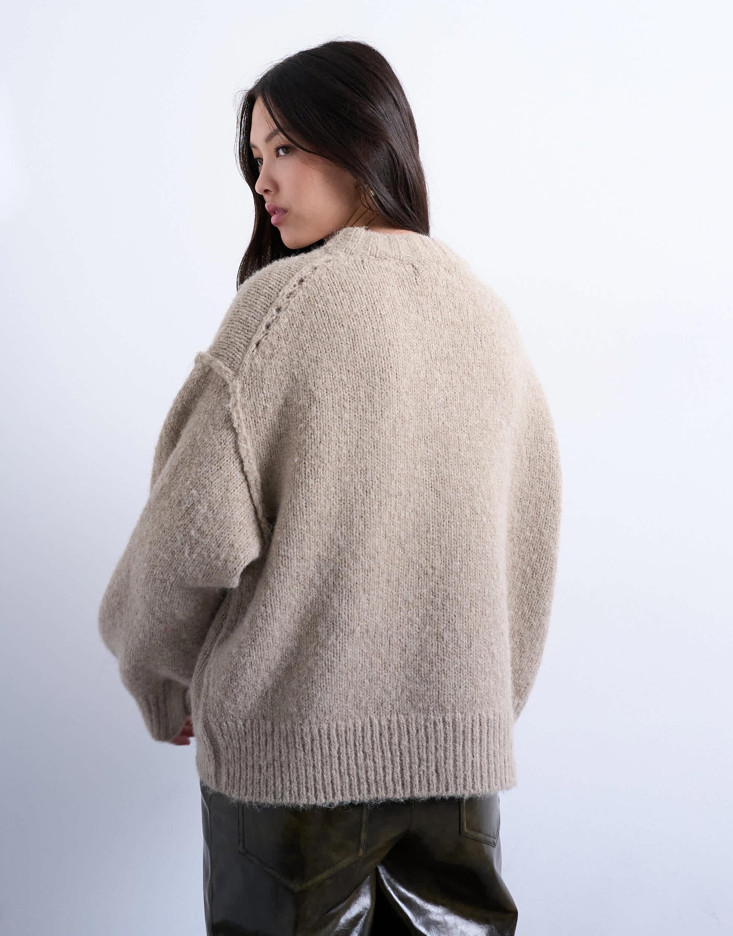 Topshop knitted wool blend fluffy exposed seam easy jumper in oat