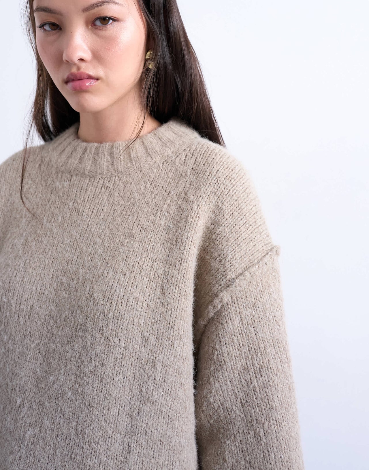Topshop knitted wool blend fluffy exposed seam easy jumper in oat