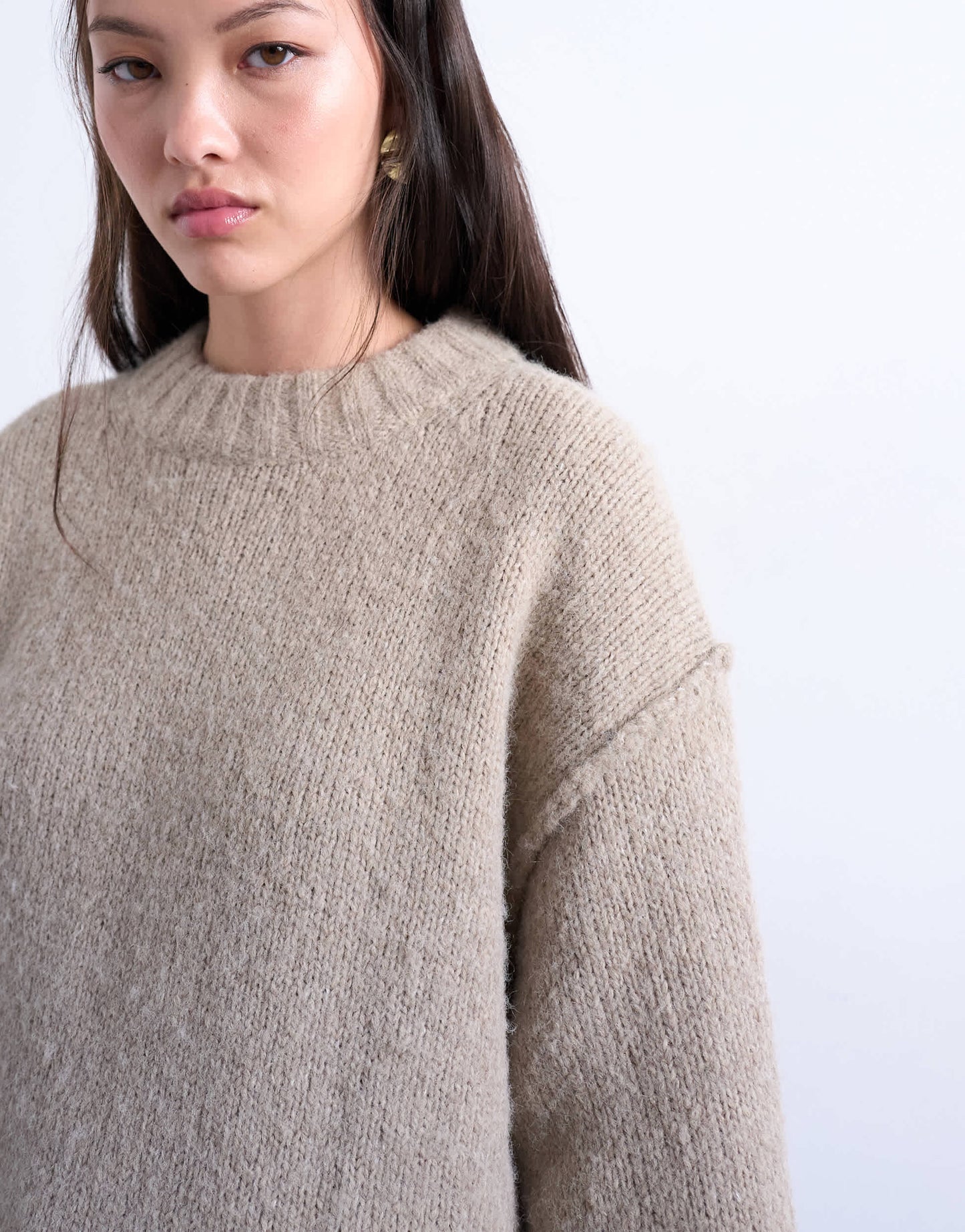 Topshop knitted wool blend fluffy exposed seam easy jumper in oat