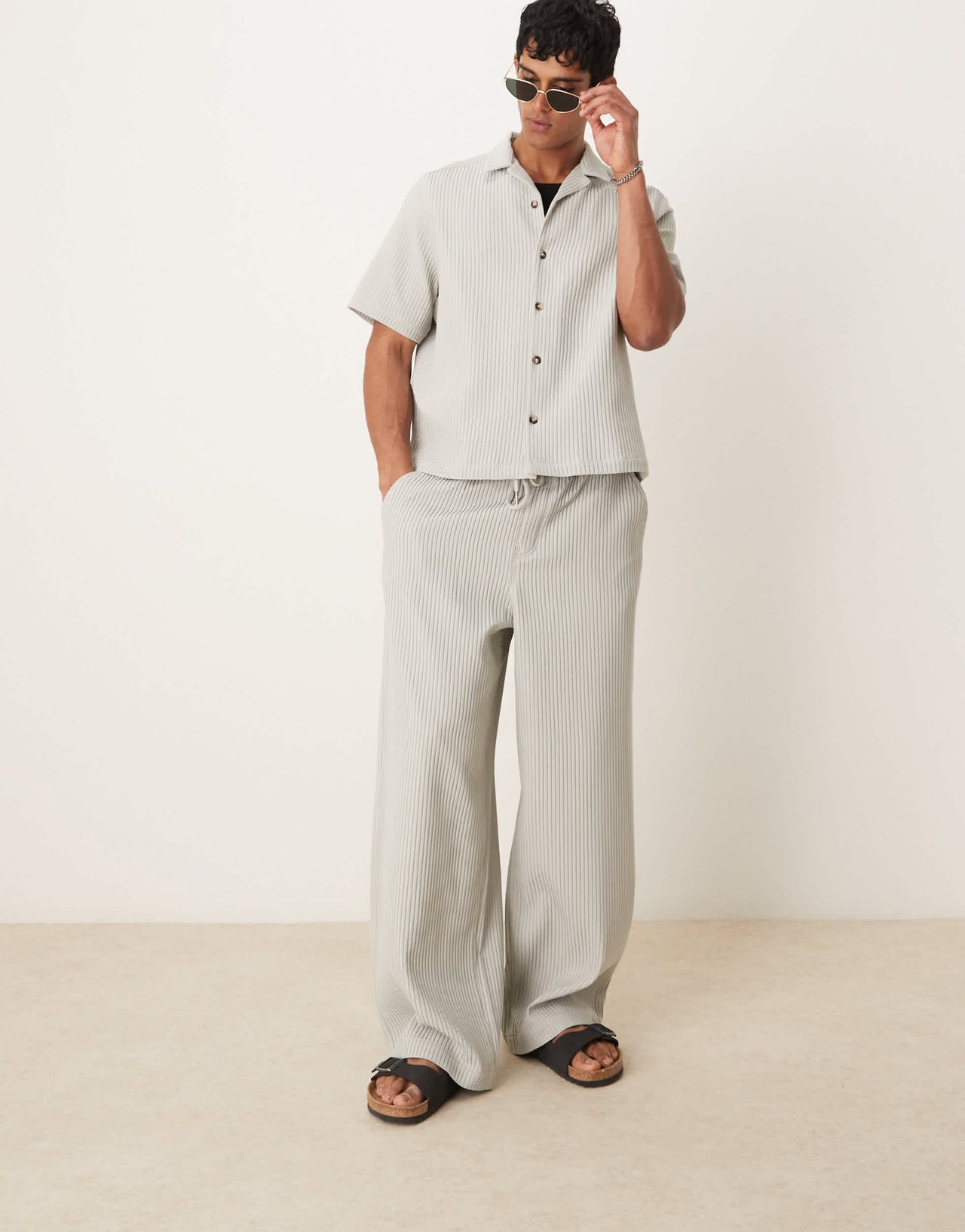 ASOS DESIGN co-ord wide leg plisse trousers in grey