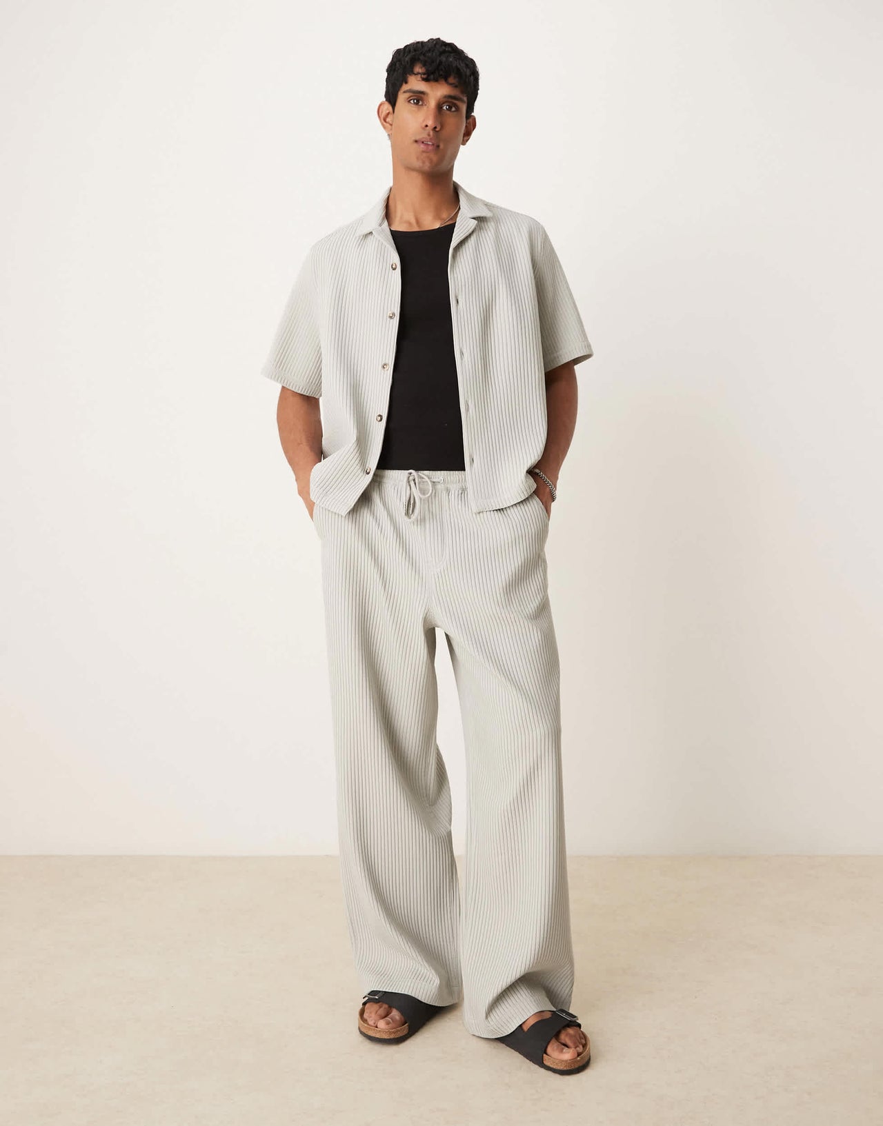 ASOS DESIGN co-ord wide leg plisse trousers in grey