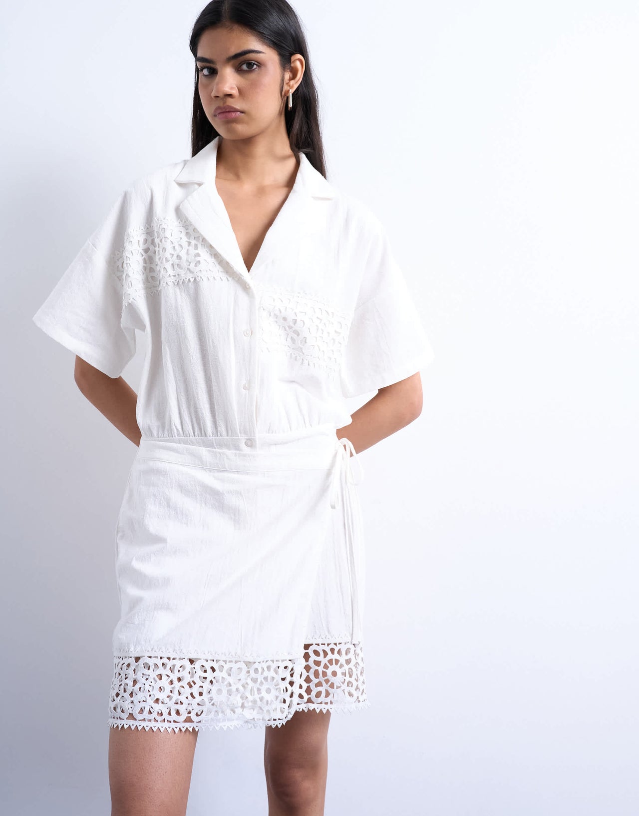 Topshop cotton crochet wrap skirt shirt dress in white
