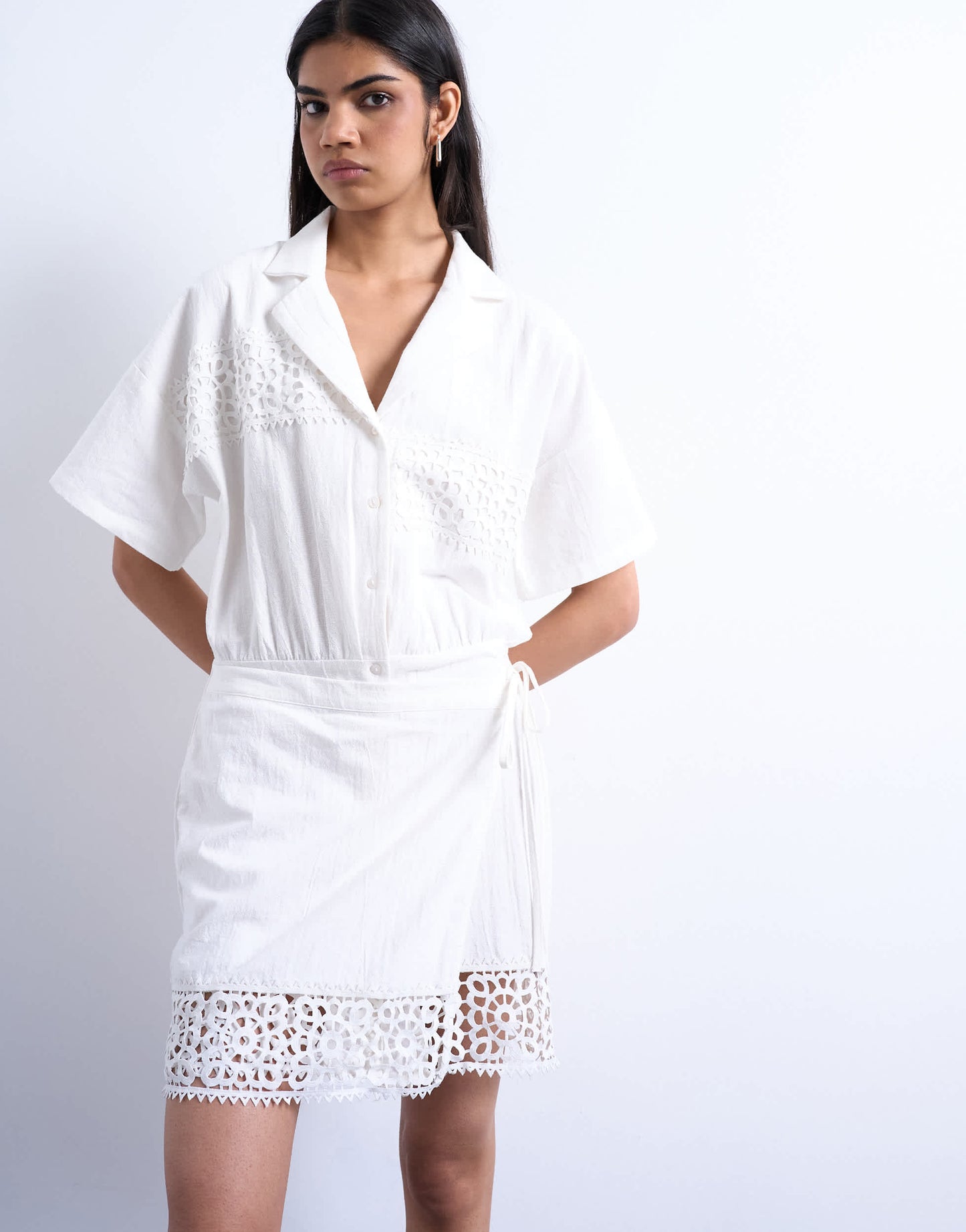 Topshop cotton crochet wrap skirt shirt dress in white