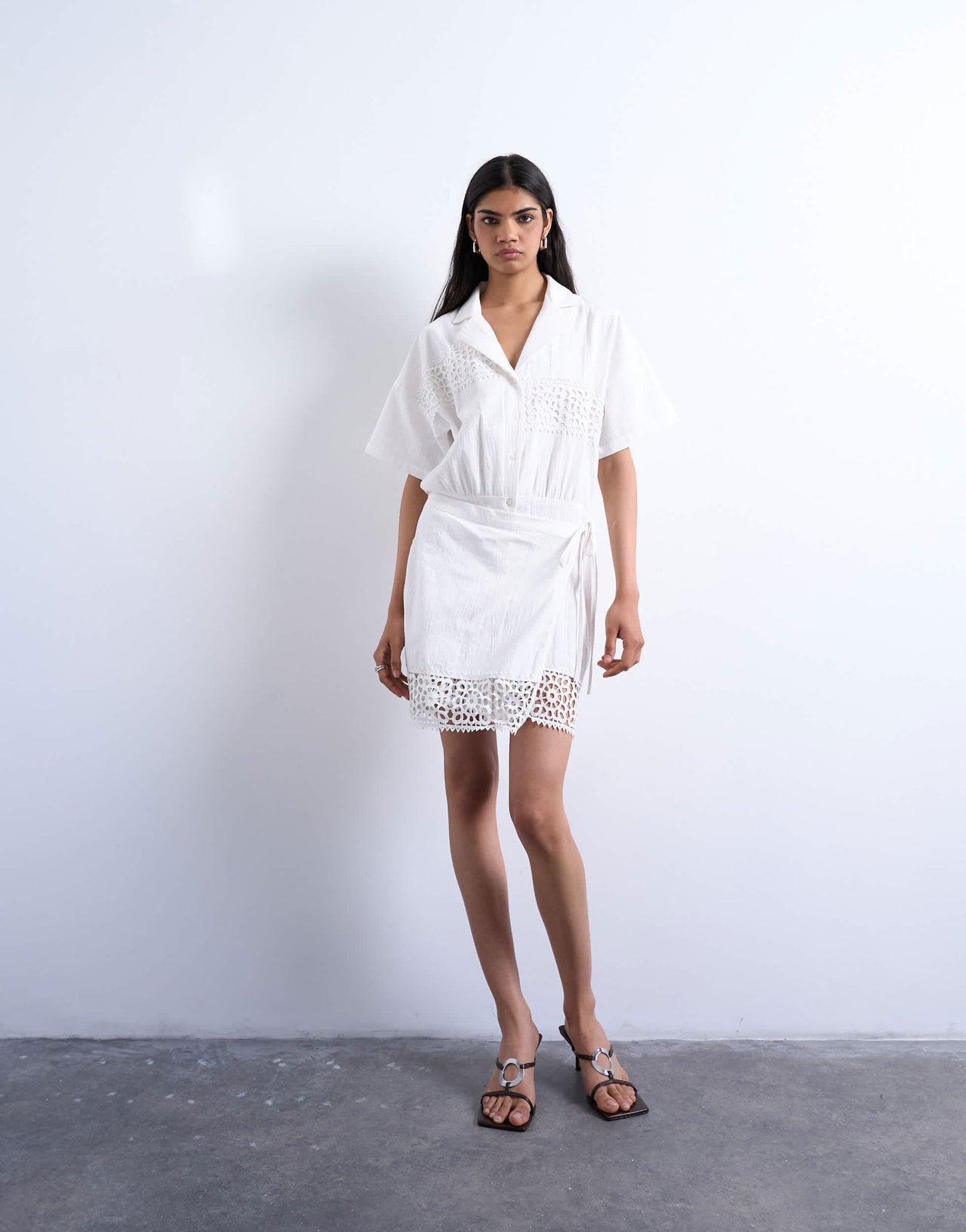Topshop cotton crochet wrap skirt shirt dress in white