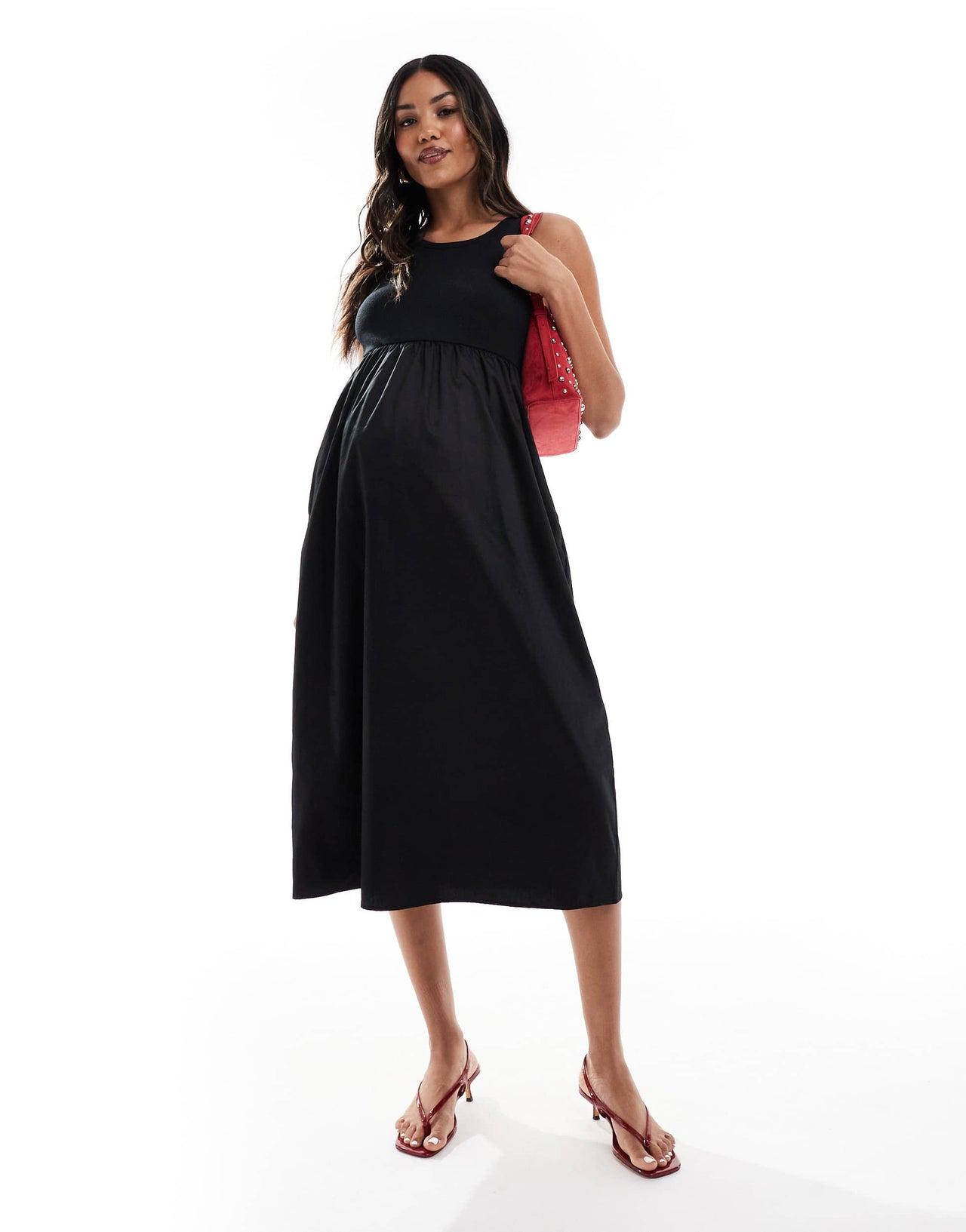 Mamalicious jersey top and poplin skirt detail midi dress in black