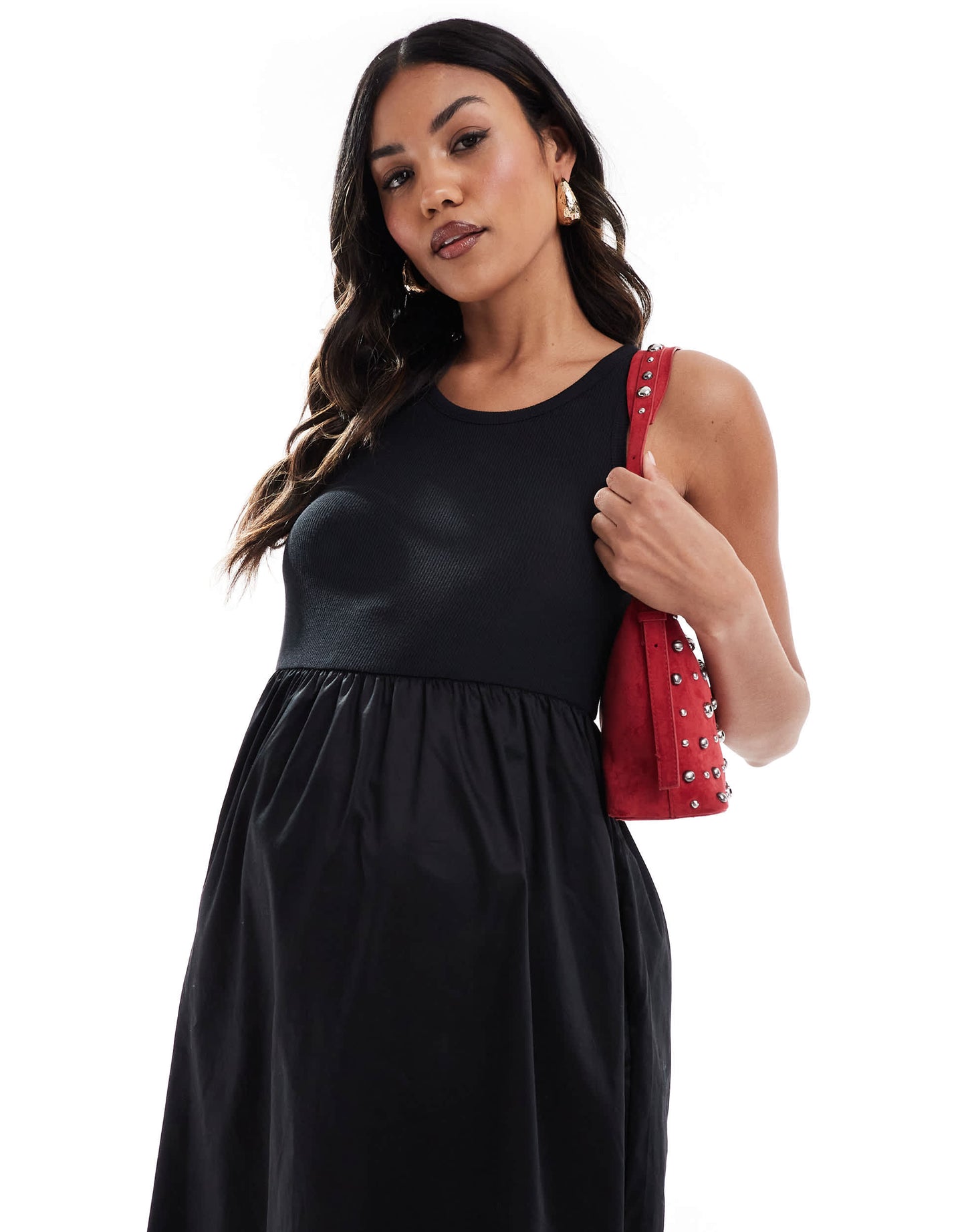 Mamalicious jersey top and poplin skirt detail midi dress in black