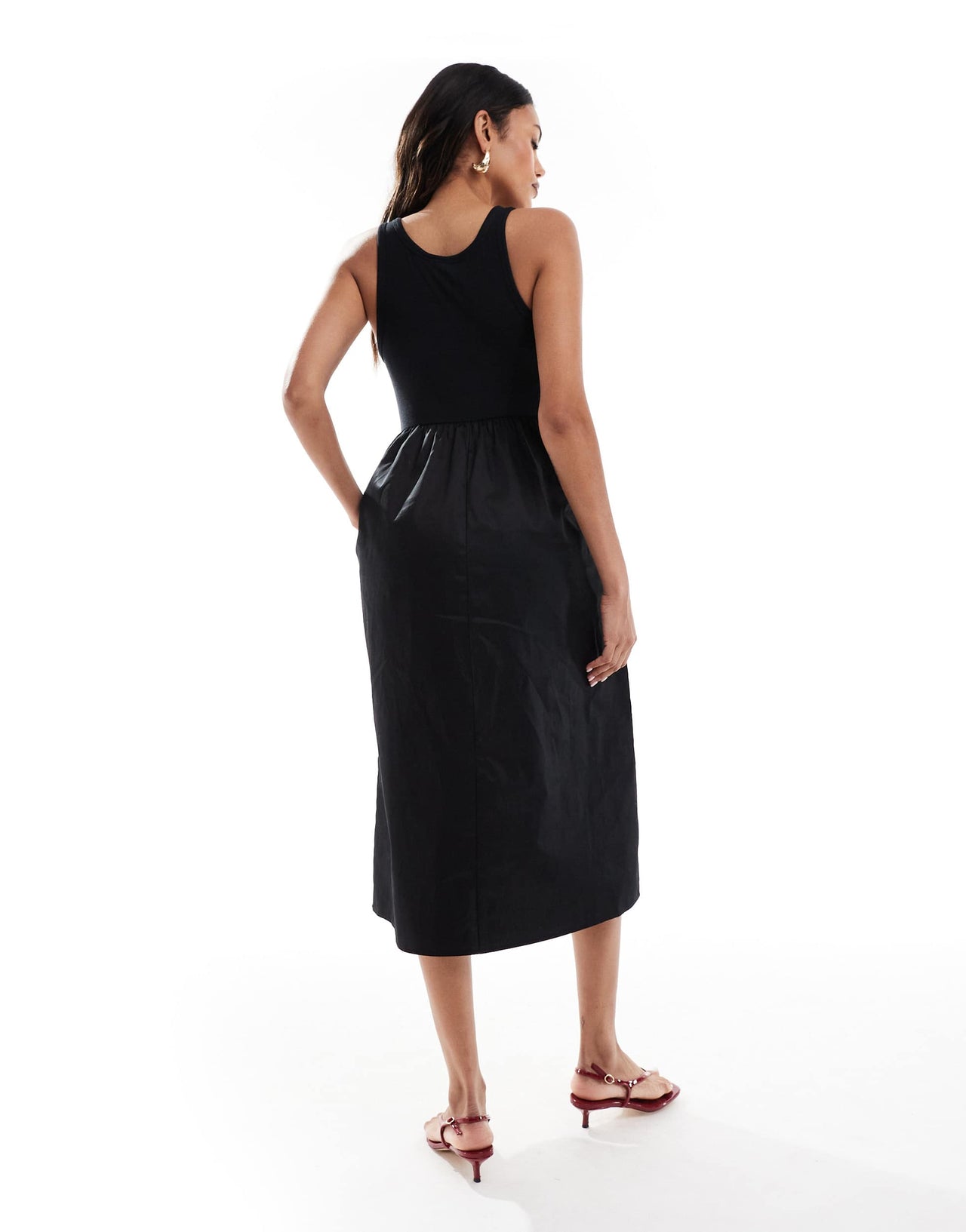 Mamalicious jersey top and poplin skirt detail midi dress in black