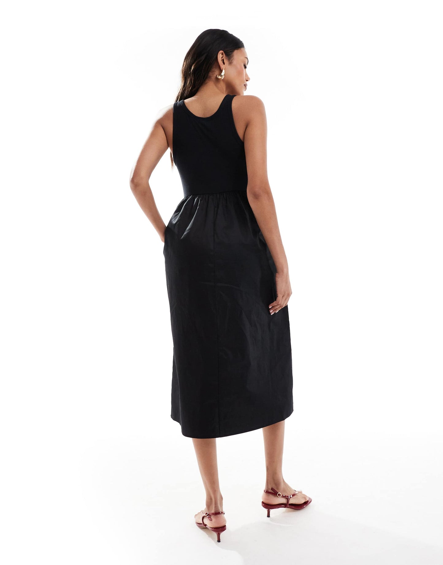 Mamalicious jersey top and poplin skirt detail midi dress in black