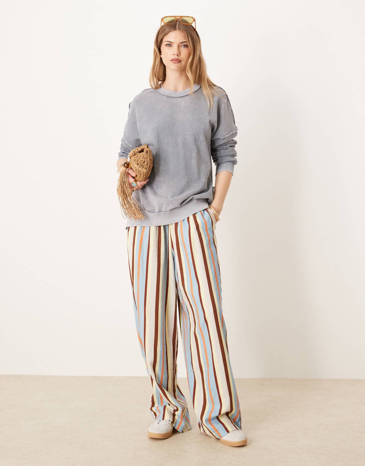 ASOS DESIGN exposed seam brushback twist back sweat in washed blue