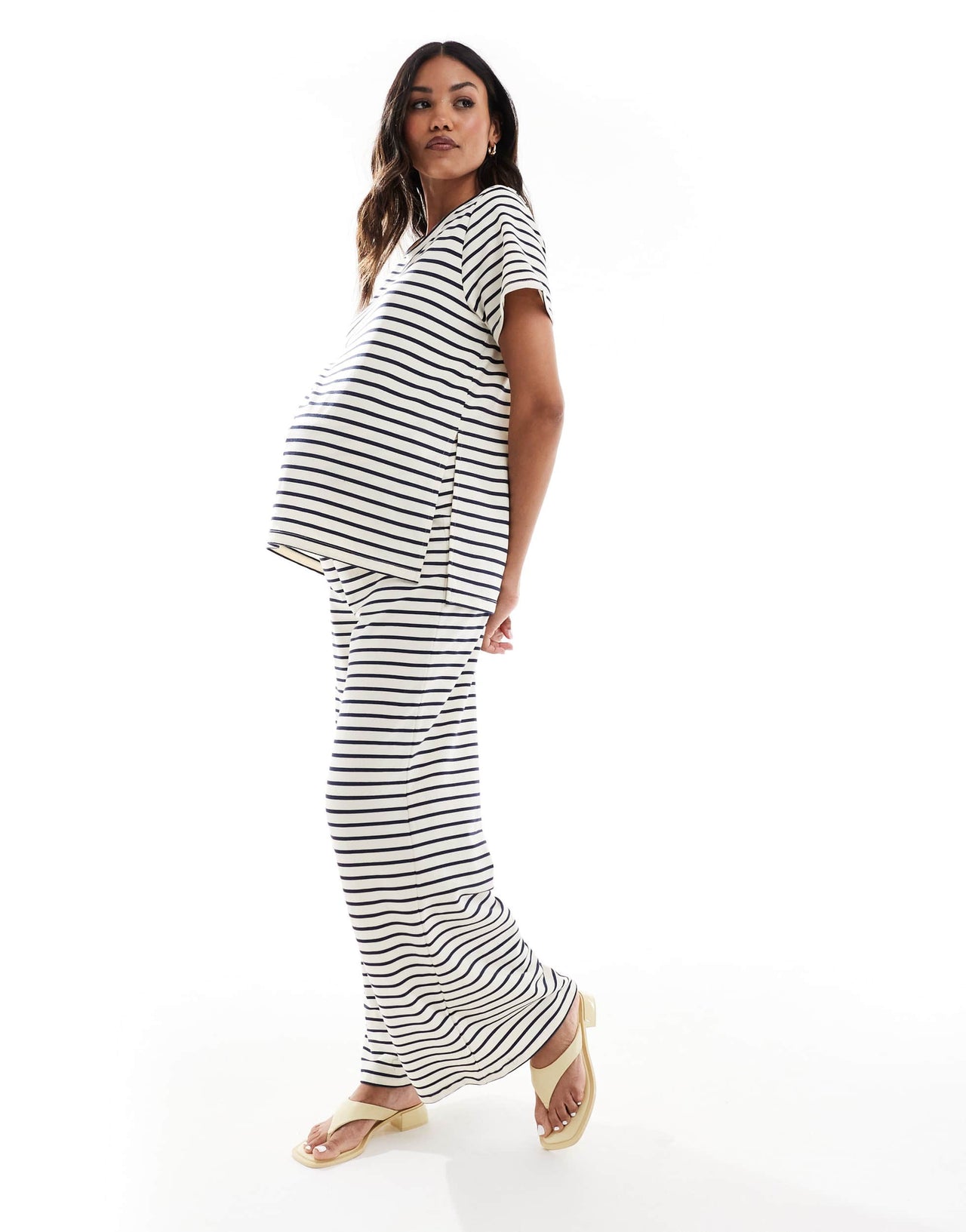 Mamalicious Maternity wide leg jersey trouser co-ord in cream and navy stripe