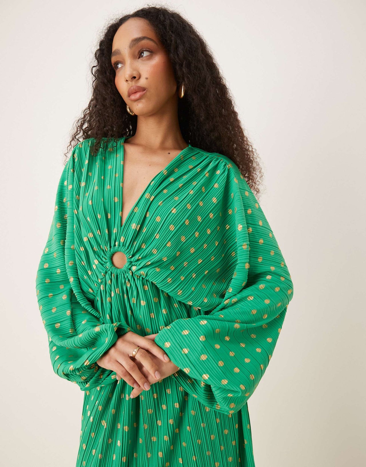 YAS foil spot plisse blouson sleeve maxi dress in green