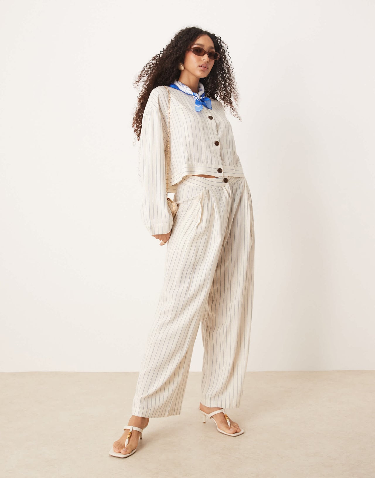 AWARE linen touch wide leg trouser co-ord in white pinstripe