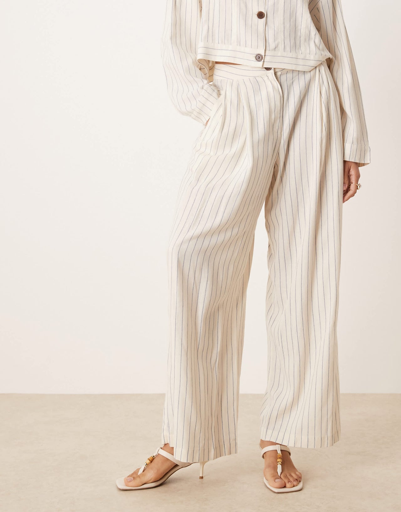 AWARE linen touch wide leg trouser co-ord in white pinstripe