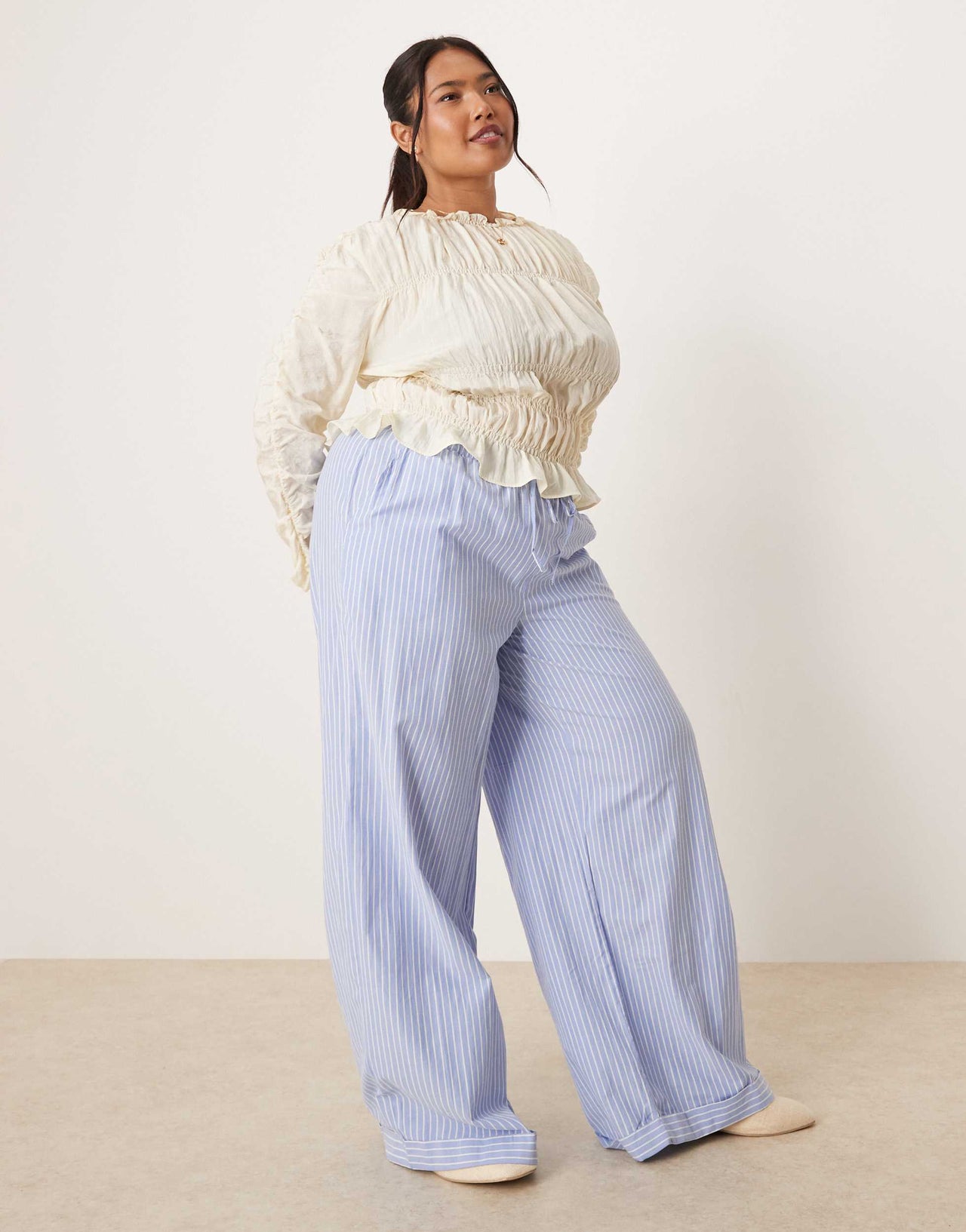Vila Curve highwaist wide leg stripe dad pant with turn up cuff in blue