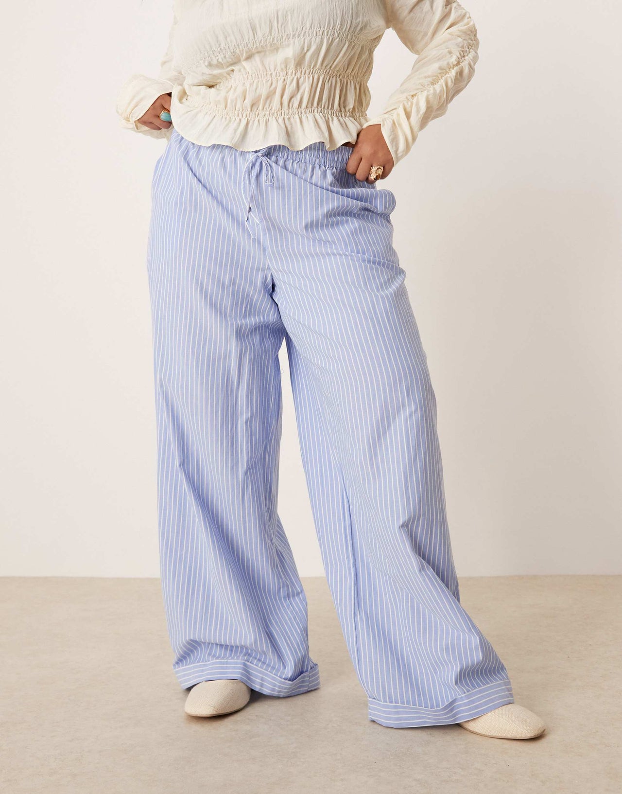 Vila Curve highwaist wide leg stripe dad pant with turn up cuff in blue