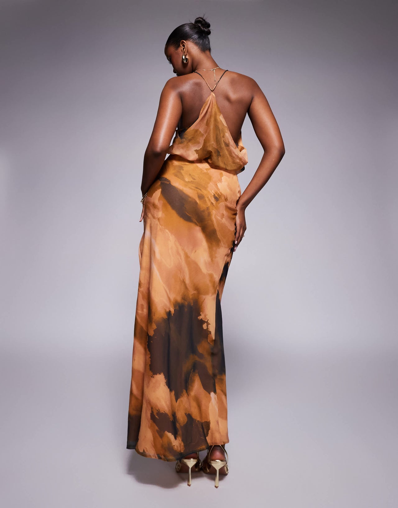 ASOS DESIGN cowl front racer back strappy maxi dress in abstract print