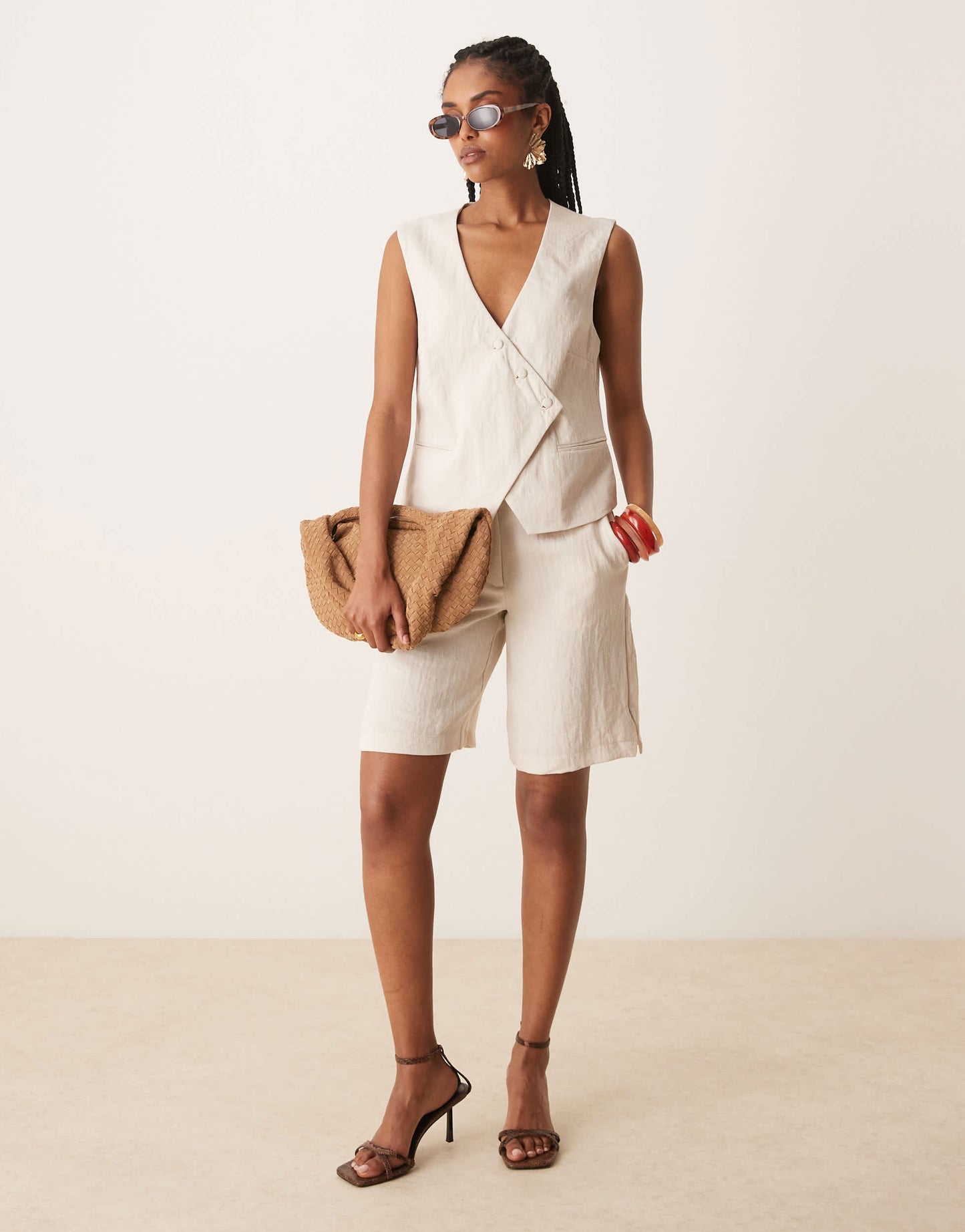 Vila tailored asymmetrical placket detail waistcoat co-ord in birch cream