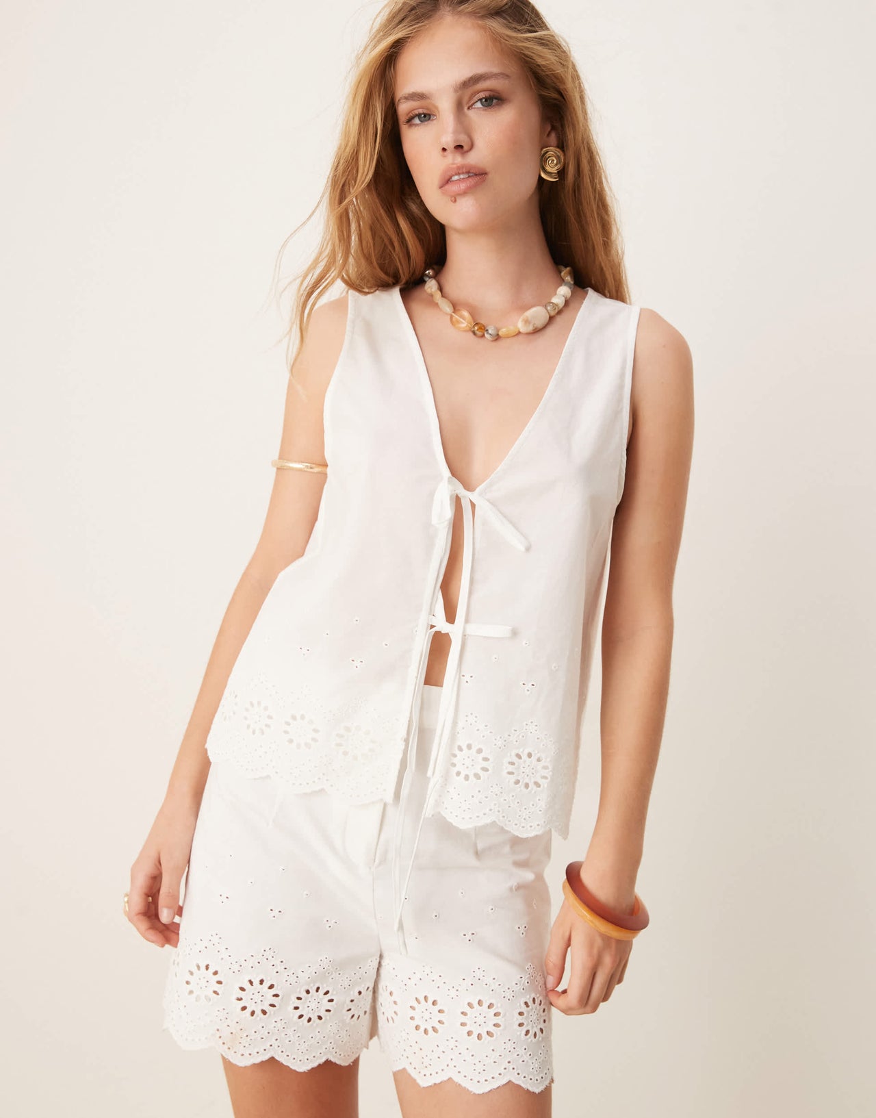 Vila cutwork embroidered poplin short co-ord in white