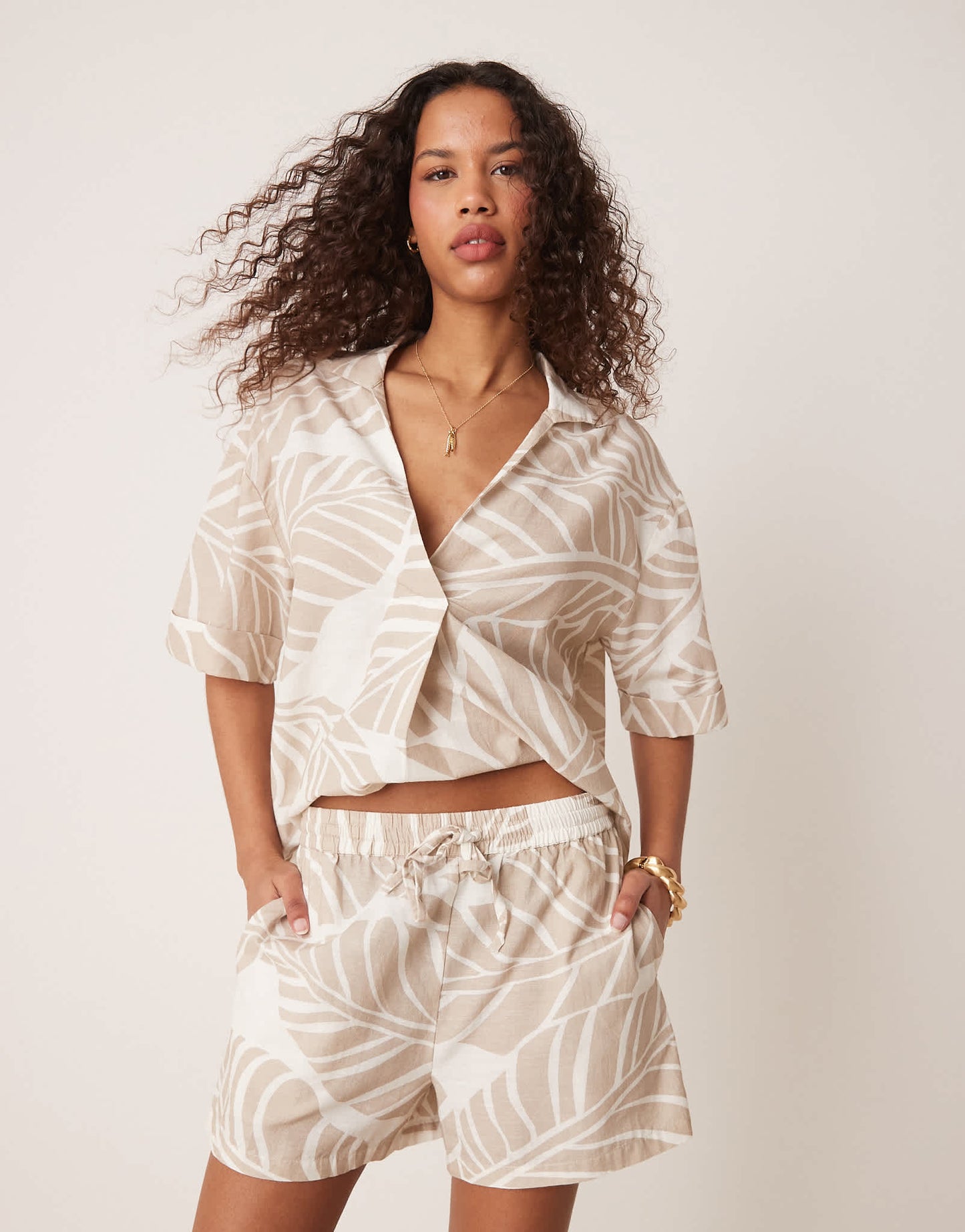Vila high waist short co-ord in oversized tonal leaf print