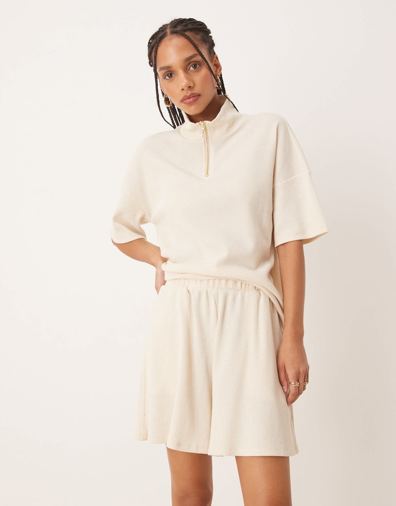 Vila high waist waffle short co-ord in birch cream