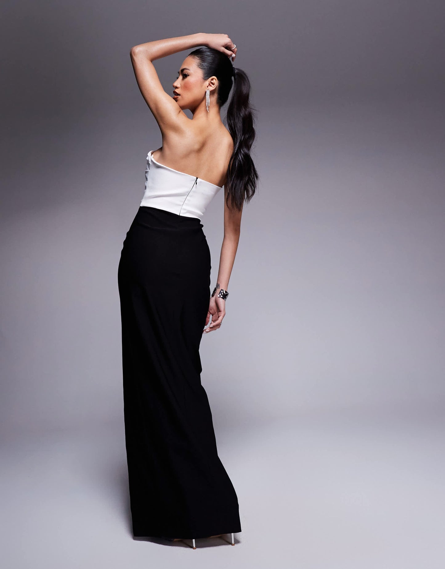 Vesper bengaline bandeau mono side split maxi dress in black