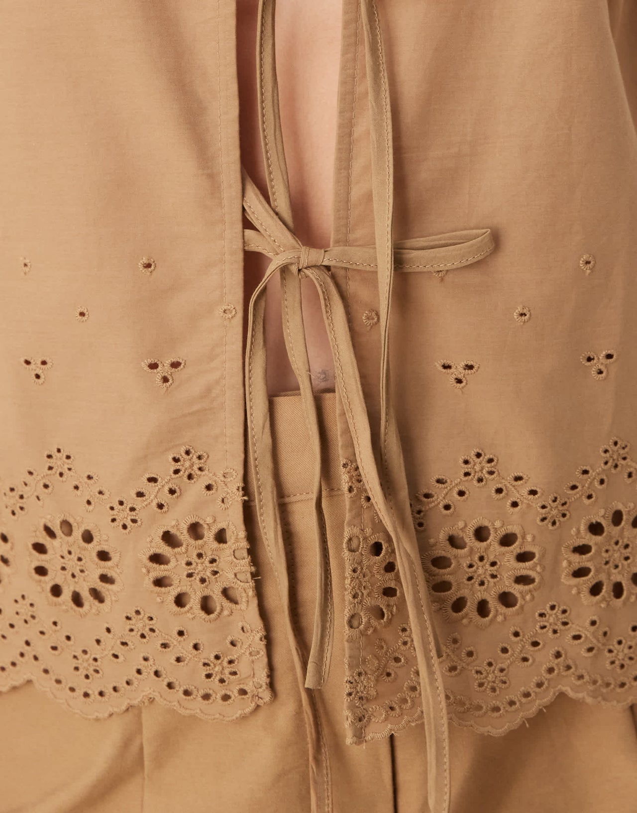 Vila cutwork embroidered poplin tie front vest co-ord in tobacco