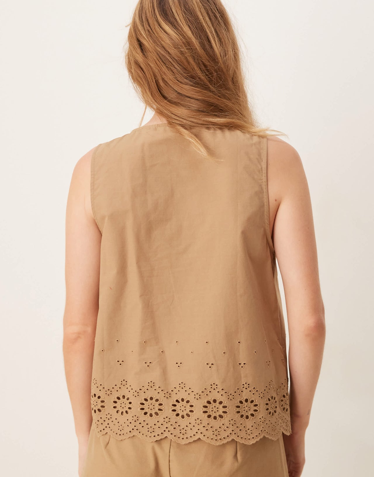 Vila cutwork embroidered poplin tie front vest co-ord in tobacco