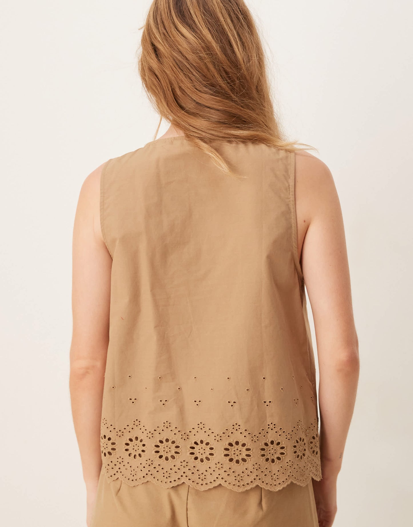 Vila cutwork embroidered poplin tie front vest co-ord in tobacco