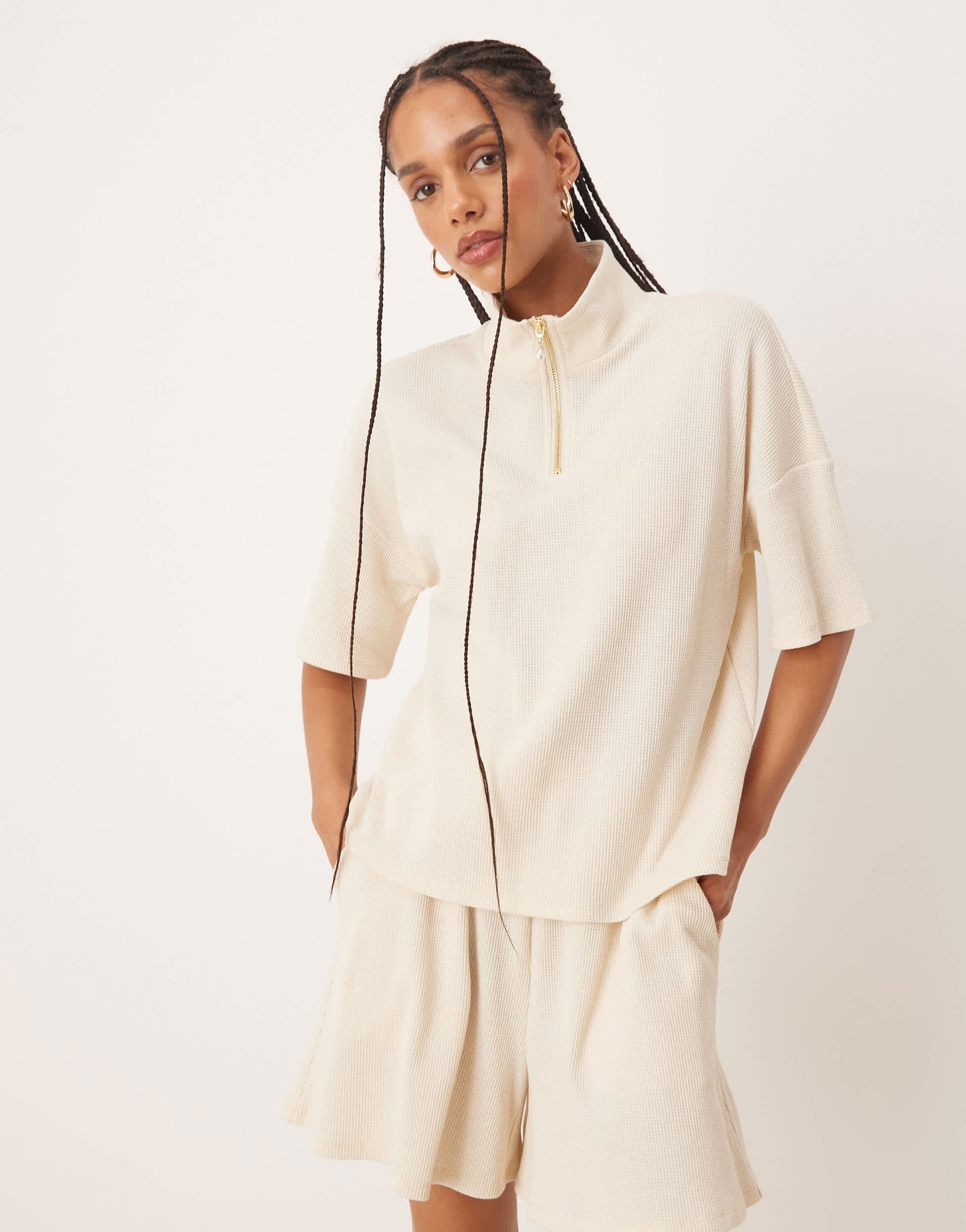 Vila boxy 1/4 zip waffle top co-ord with faux pearl zip detail in birch cream