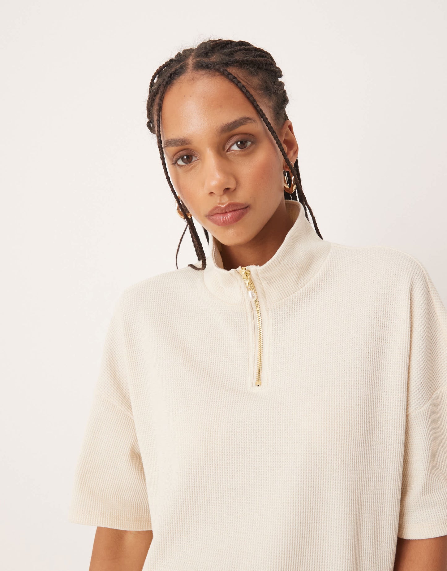 Vila boxy 1/4 zip waffle top co-ord with faux pearl zip detail in birch cream