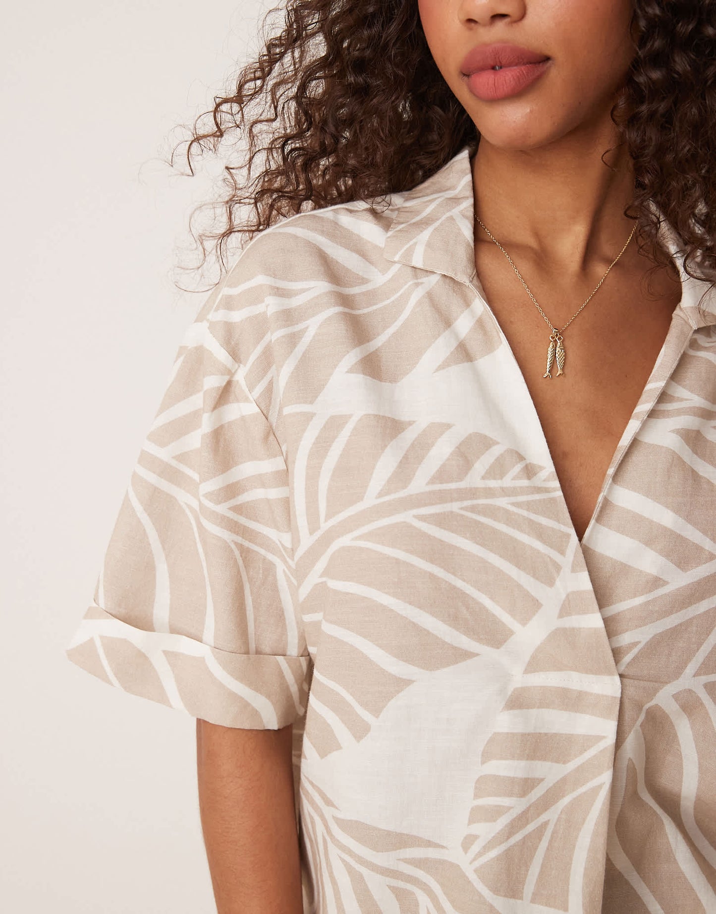 Vila boxy polo detail top co-ord in oversized tonal leaf print