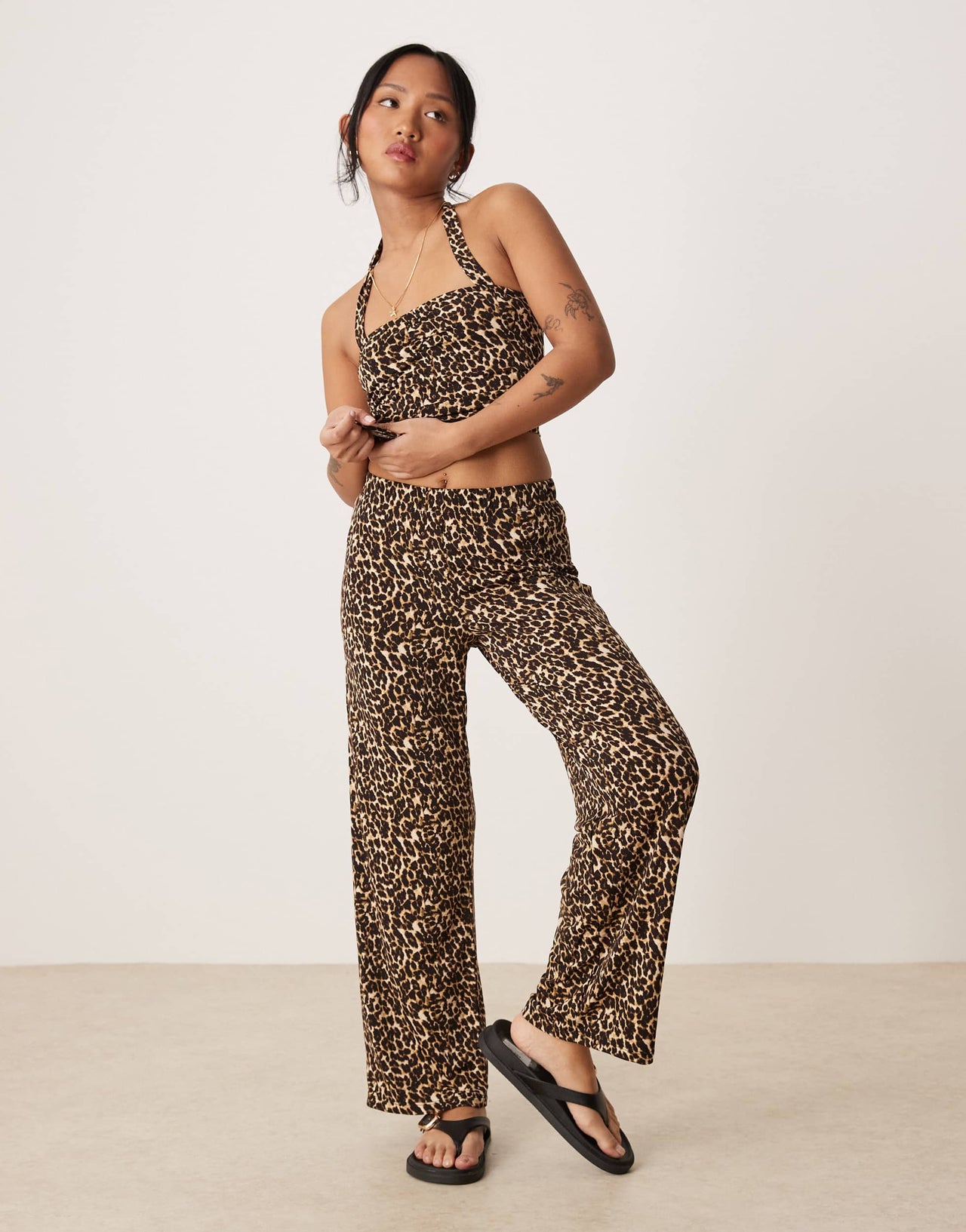 Vila Petite slinky jersey halter neck top co-ord in leopard print