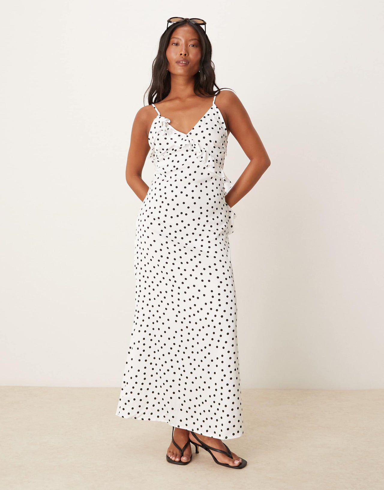 Vila Petite coursage and ruffle detail maxi slip dress in black and white spot print