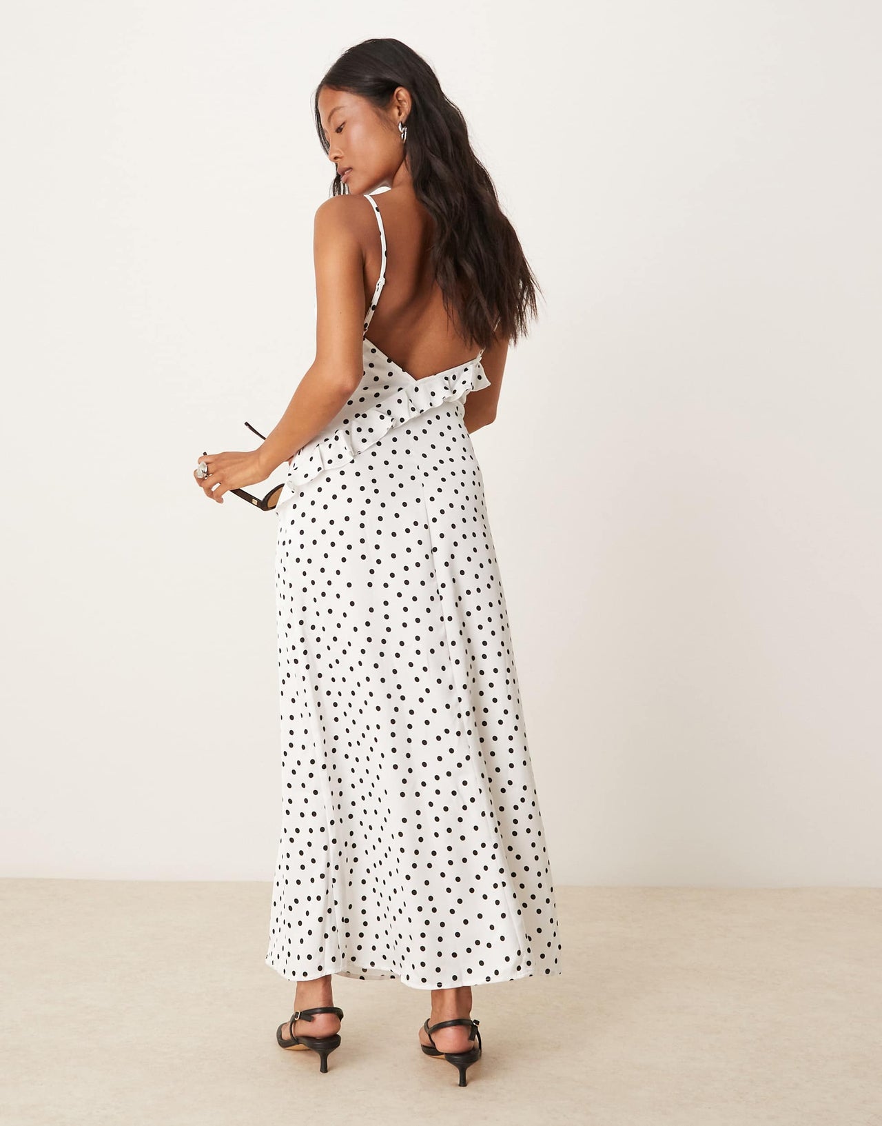 Vila Petite coursage and ruffle detail maxi slip dress in black and white spot print