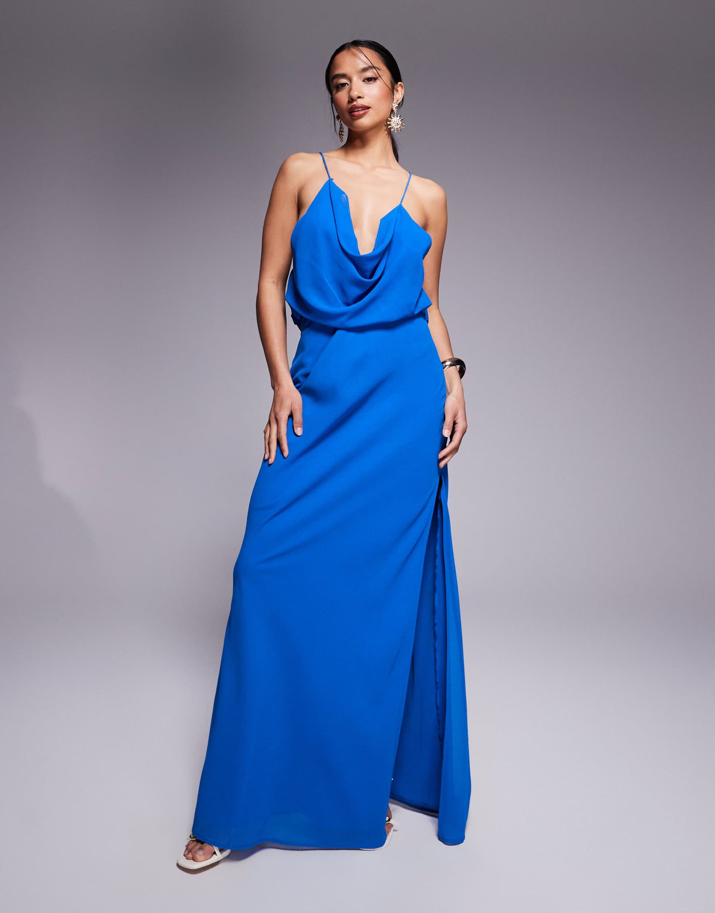 ASOS DESIGN Petite cowl front racer back strappy maxi dress in blue
