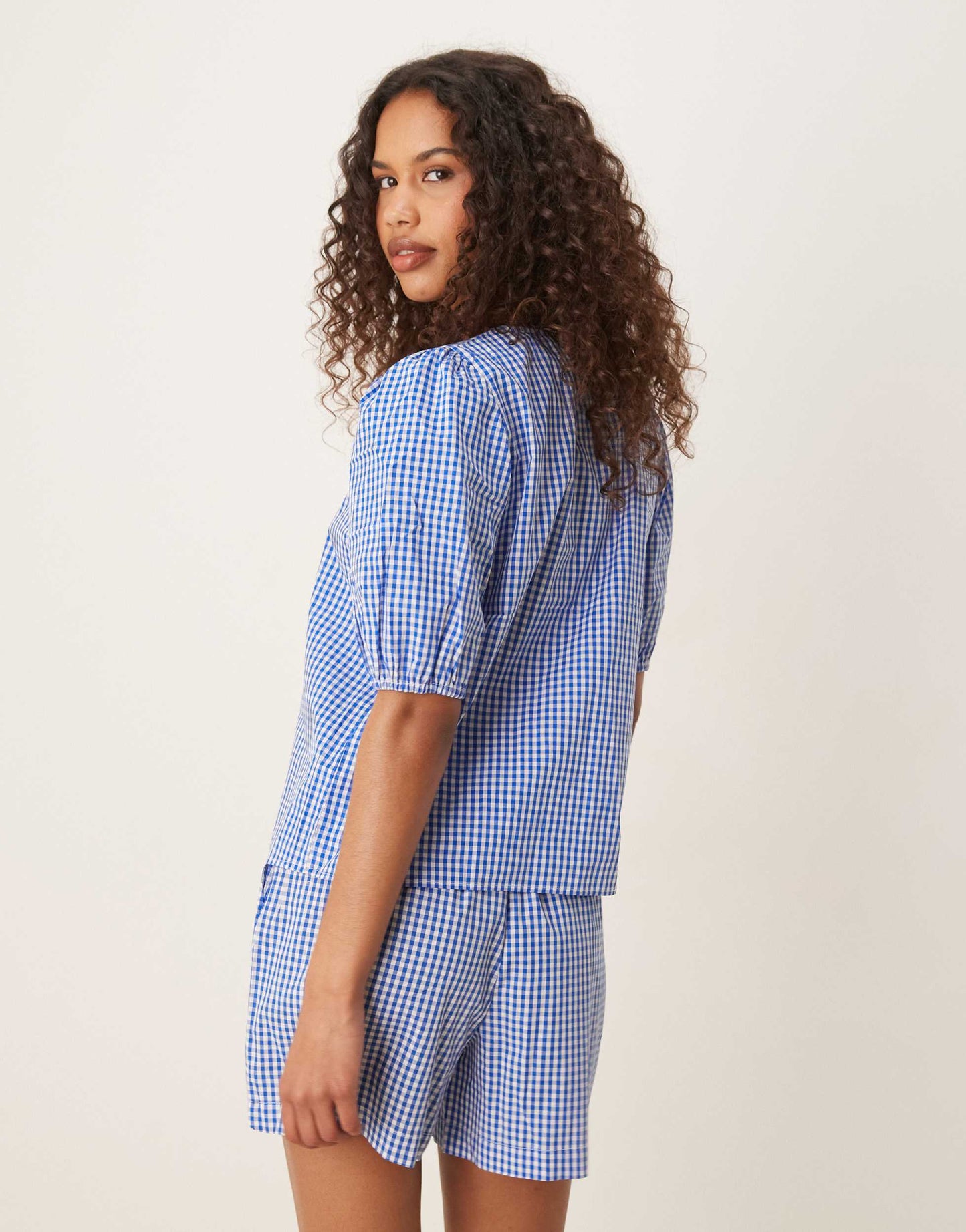 Vila short sleeve tie front gingham check poplin top co-ord in blue